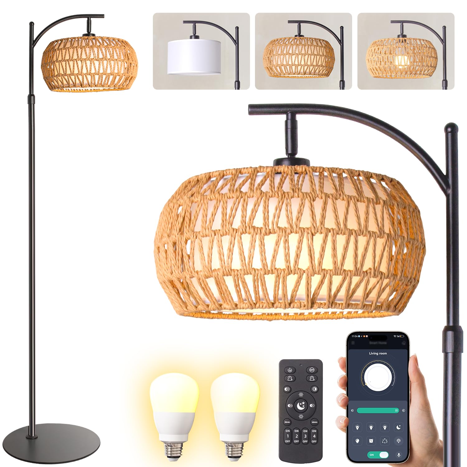 DRAWNCAT Boho Rattan Floor Lamp, 12W LED, Adjustable Height 48-60 Inch, Remote Control, Black, Model FL-BO33