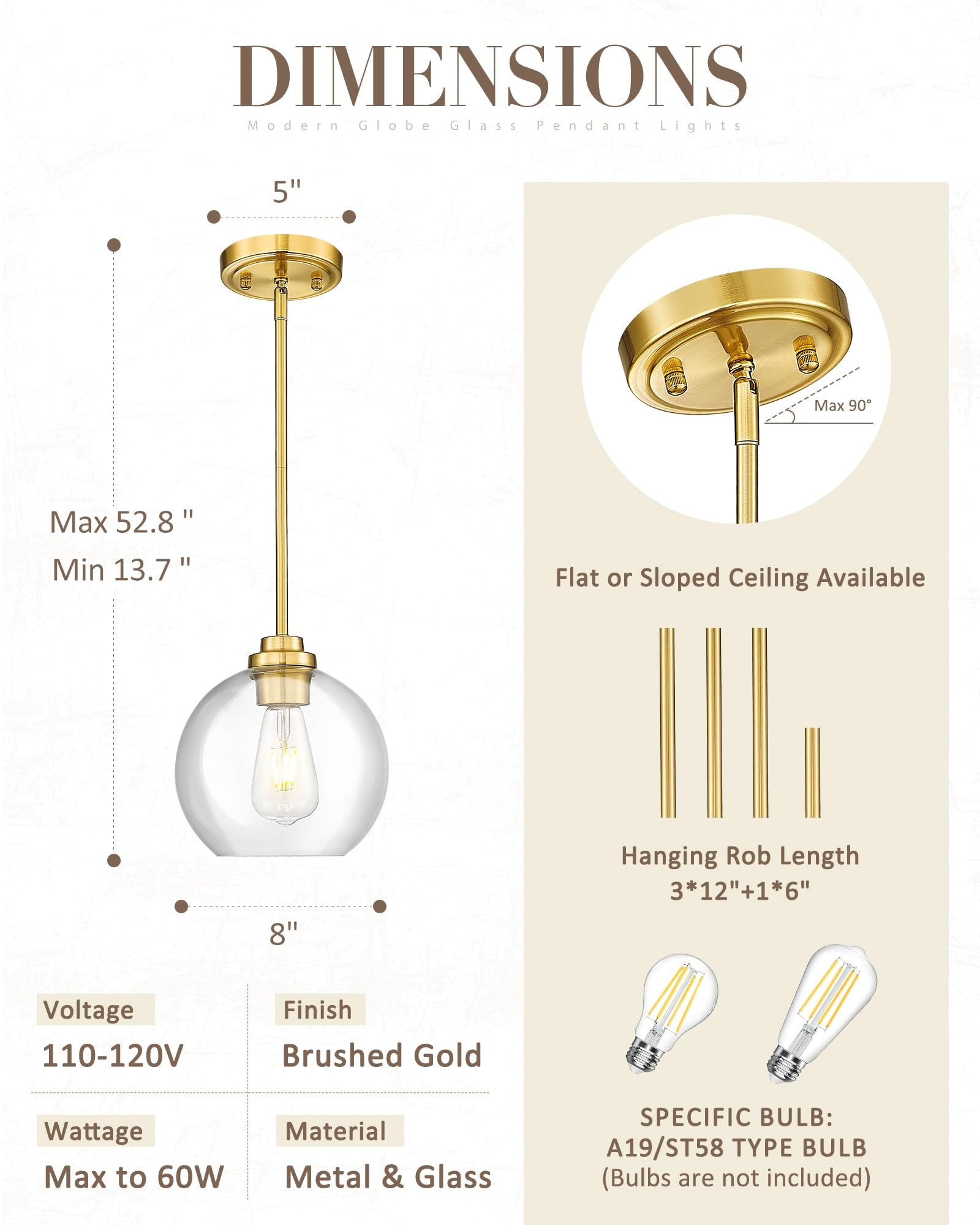 Jazava 8 Inch Modern Gold Pendant Light Fixtures, Mid Century Globe Pendant Lights With Clear Glass, 1 Light Hanging Lights For