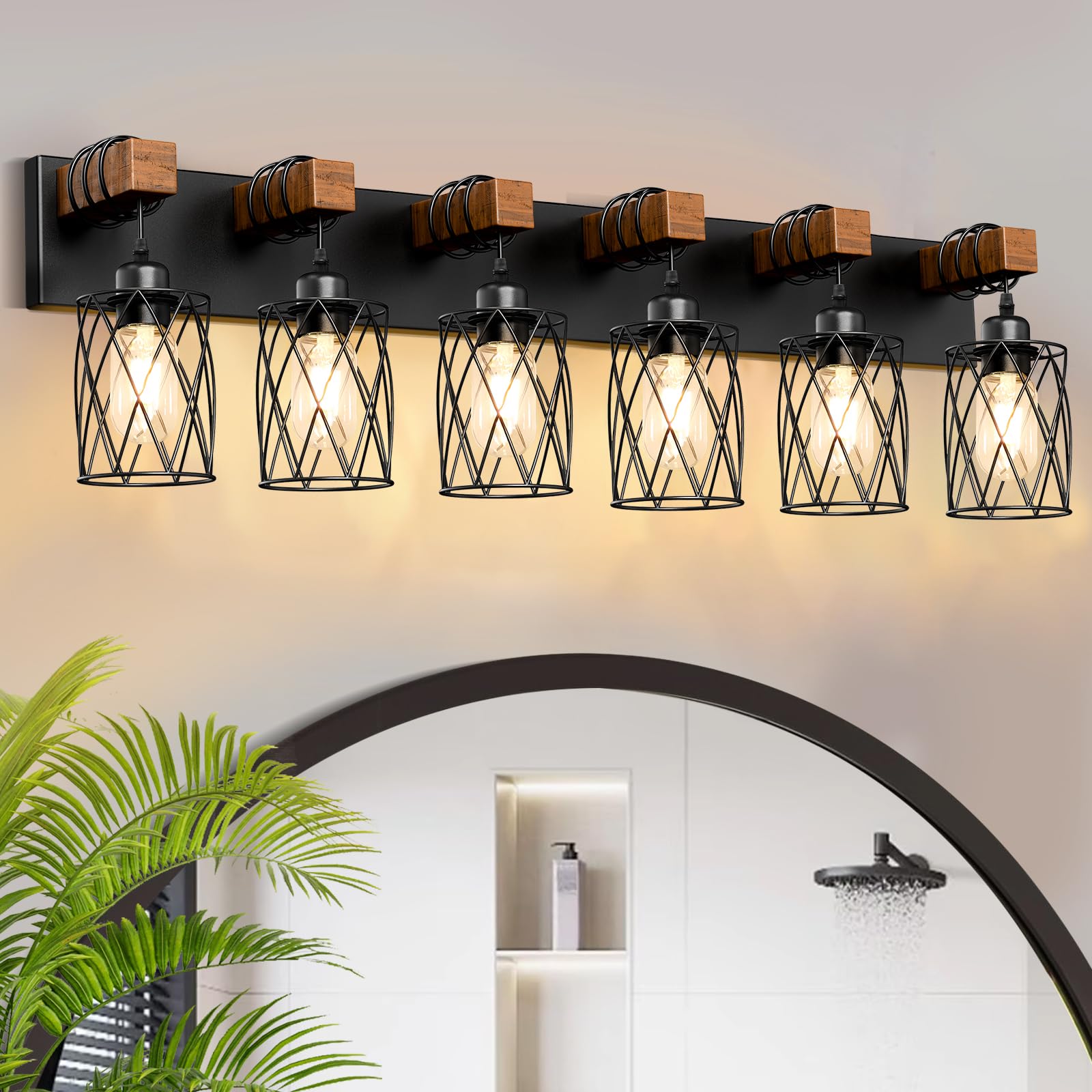 IZORRO Farmhouse Bathroom Vanity Light, 6-Light Wood Bathroom Light Fixtures Over Mirror, Black Industrial Vanity Lights with Me