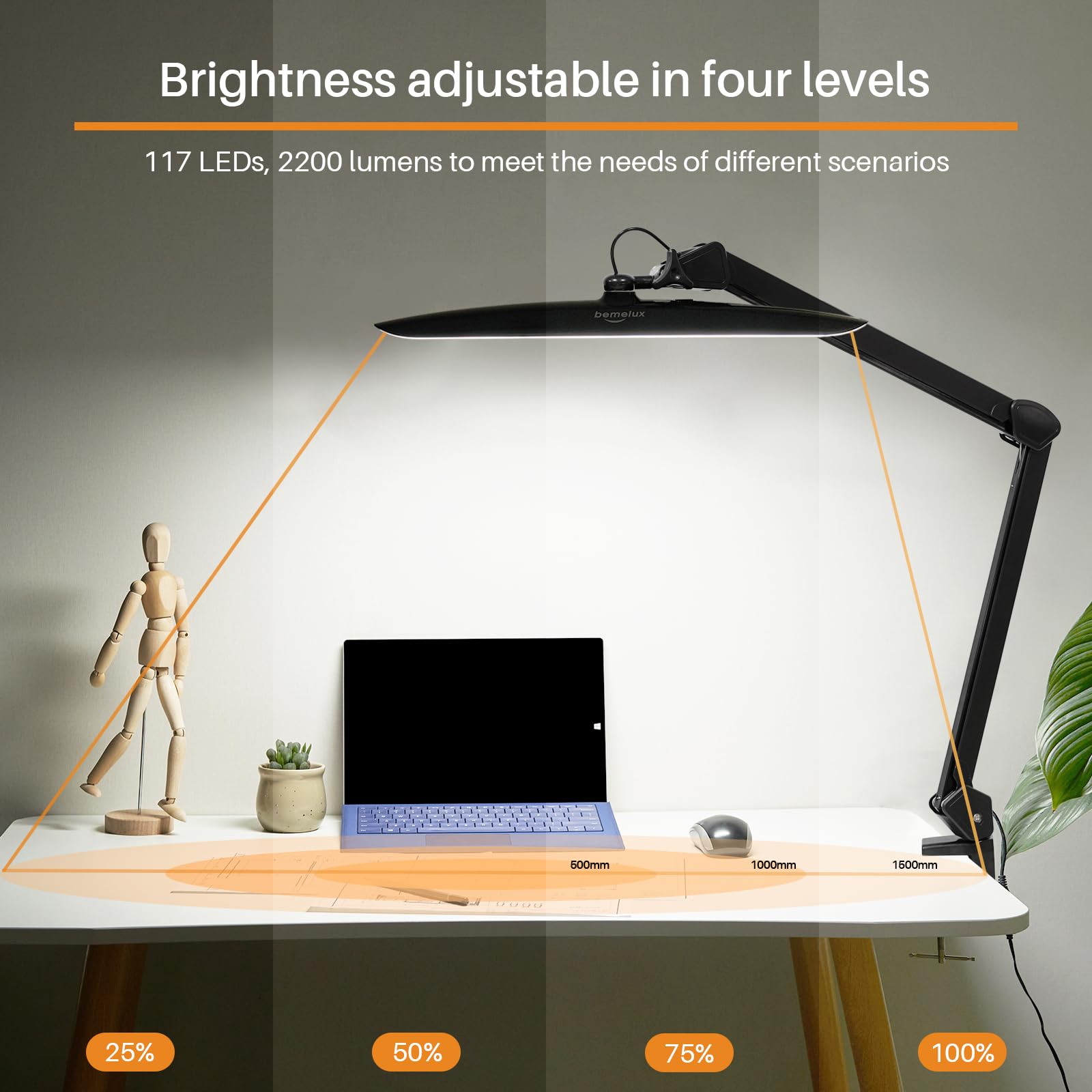 Bemelux 117Pcs Led Clamp Desk Lamp, 20 Inch Metal Swivel Arm With Protective Casing, 2200 Lumens, Dimmable Task Lamp For Reading, Office Work, Sewing, Study, And Crafts(Black)