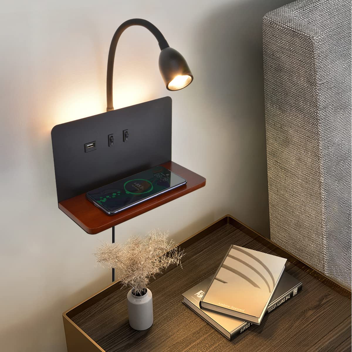 Bedside Wall Sconces With Wireless Charging Station & Usb Charging, 3 Adjustable Color Temperatures Led Reading Lamp, 3000K Warm