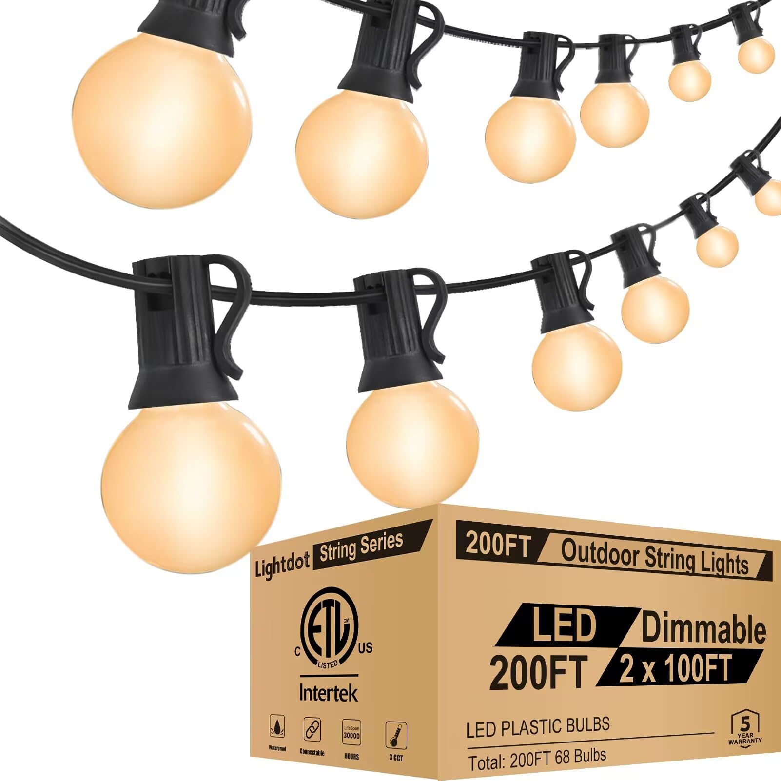 Lightdot 200FT Outdoor LED Bistro String Lights, Shatterproof G40 Bulbs, 2200K Dimmable, Waterproof, White, Model LSTM-ST38-N