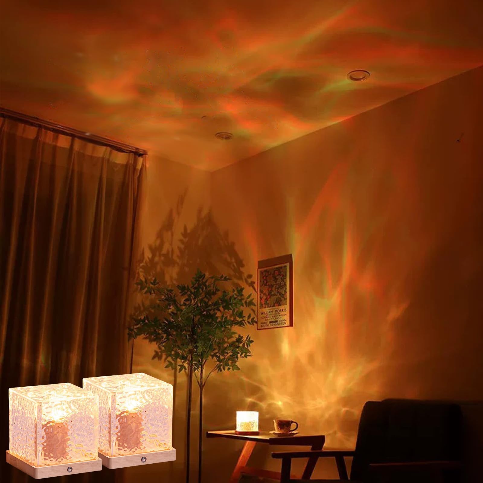 2Pack Aurora Ocean Wave Lights Projector(Touch & Remote), Cordless Rechargeable 16 Colors 4 Modes Northern Lights Dimmable Ambie