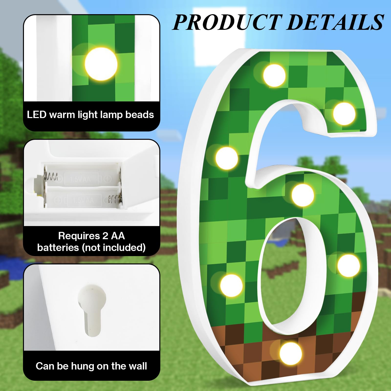 AXBMM Pixel Game Birthday Decorations Light Up Sign, Number 6, Green/Brown, PP Plastic, LED, Model XY-371