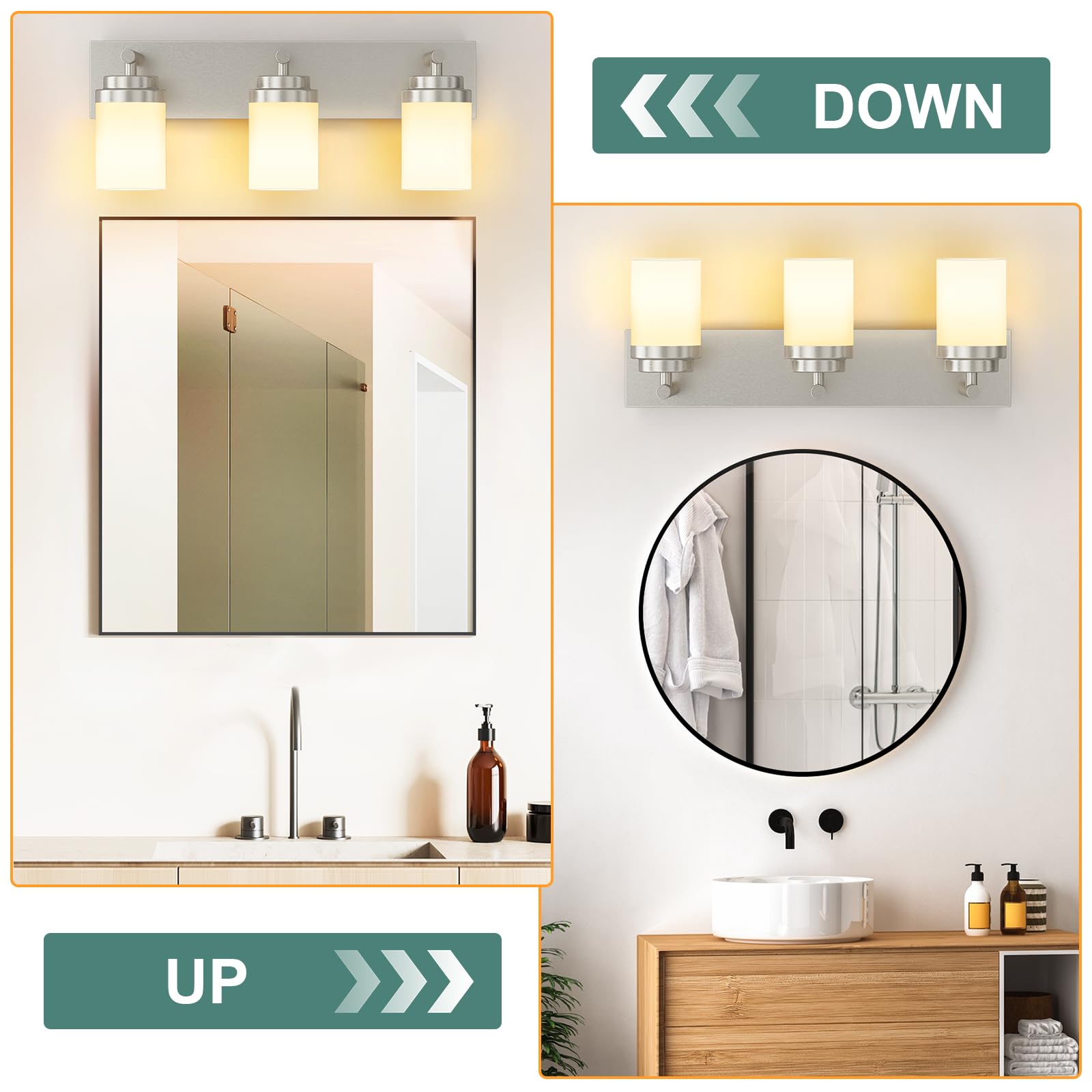 Izorro Bathroom Vanity Light Fixture  3-Light 22 Inch Brushed Nickel Bathroom Light Fixtures Over Mirror  With White Glass Shade  Modern Farmhouse Vanity Lights  Rustic Restroom Lighting Fixtures