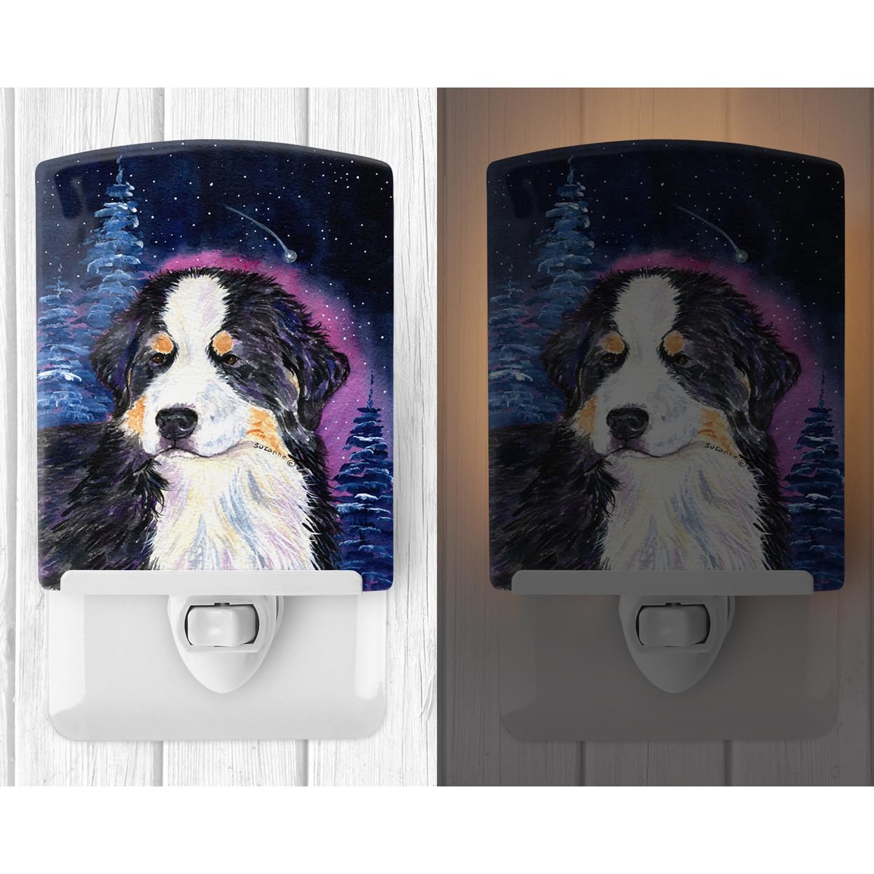 Caroline'S Treasures Ss8446Cnl Starry Night Bernese Mountain Dog Ceramic Night Light Compact, Ul-Certified, Ideal For Bedroom, Bathroom, Nursery, Hallway, Kitchen, 6X4X3, Multicolor