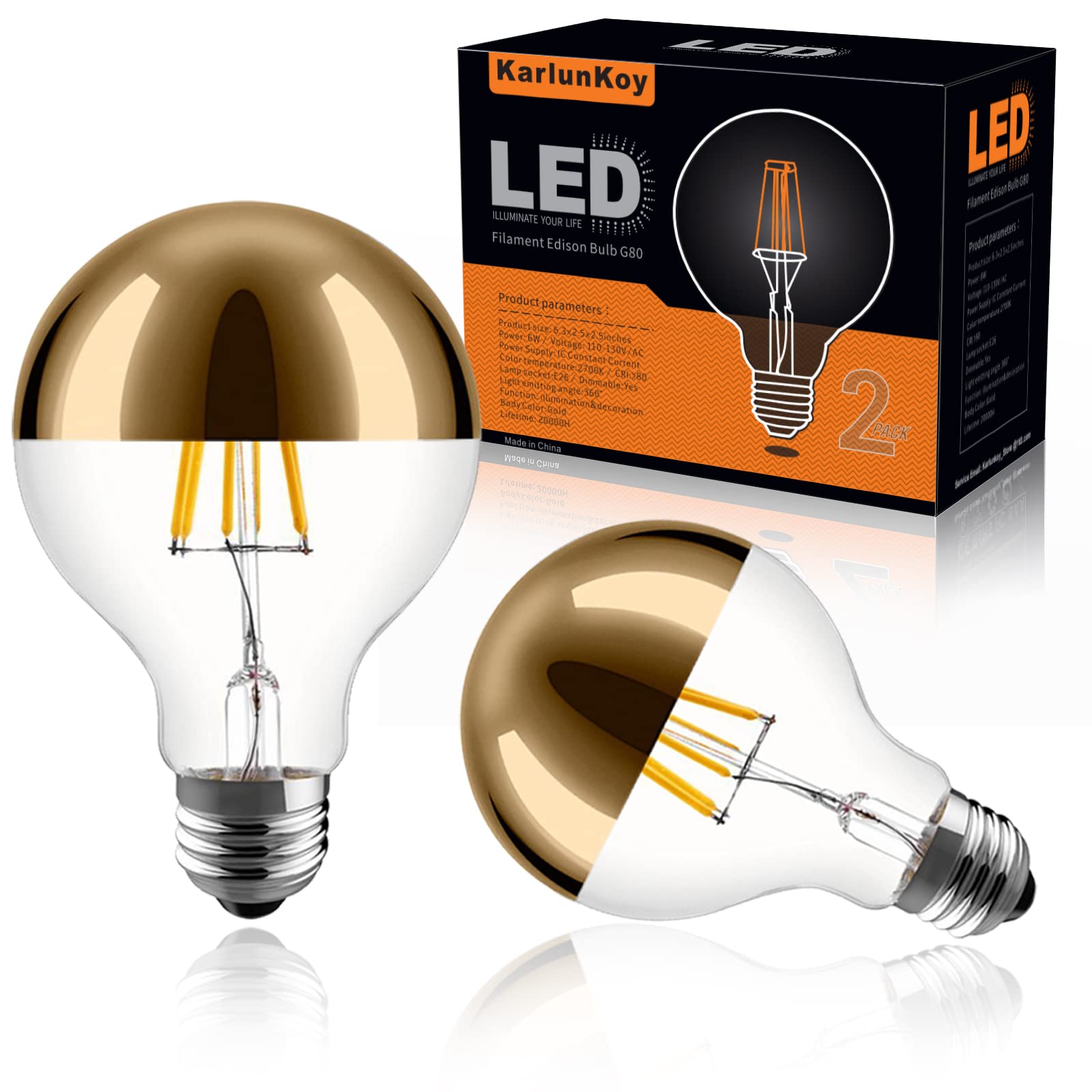 KarlunKoy Dimmable LED Edison Bulb, G80 Globe Shape, 6W (60W Equivalent), 2700K Warm White, Glass, Pack of 2