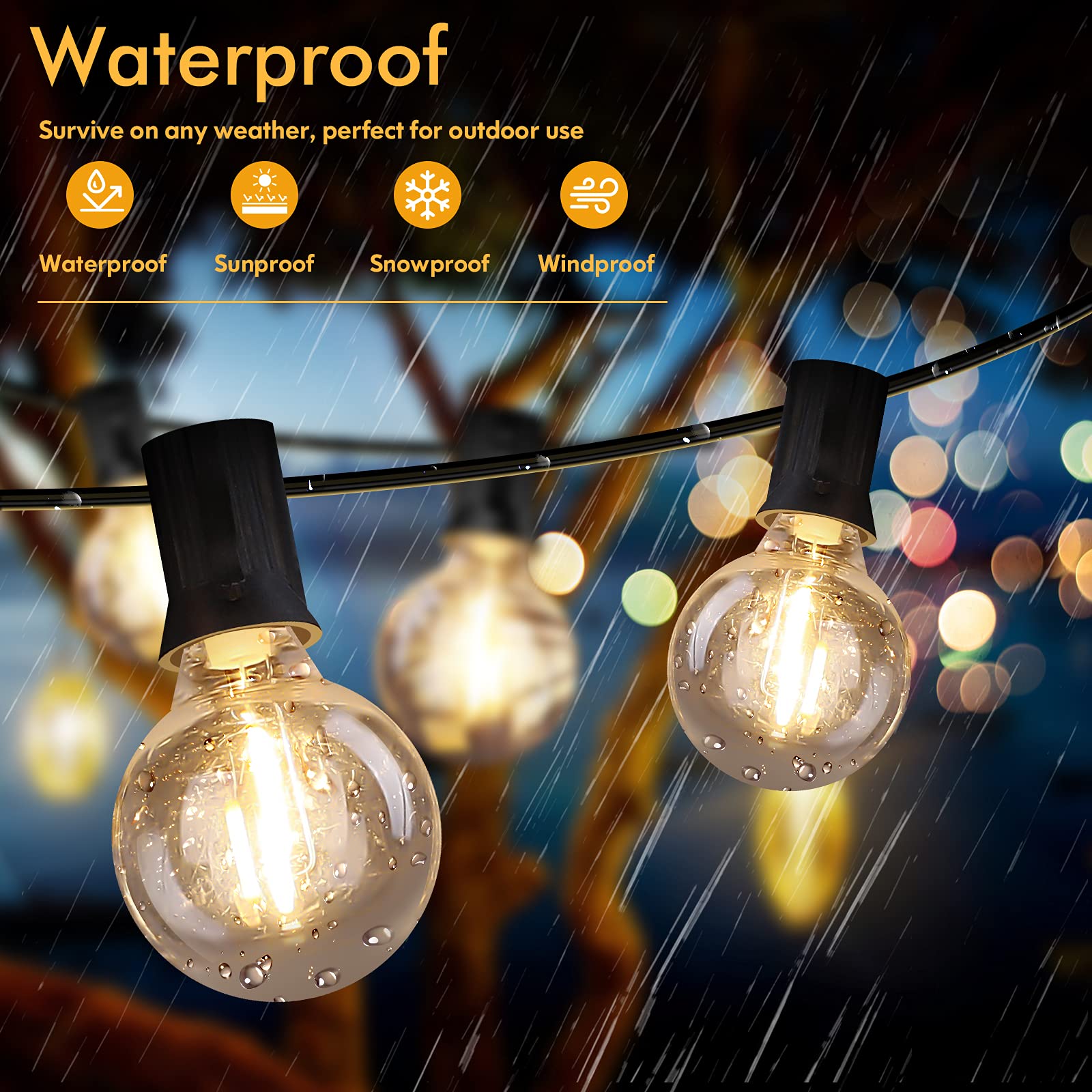 Brightever LED Outdoor String Lights 100FT, 52 Dimmable G40 Bulbs, Black, 2-Pack 50FT Waterproof for Party, Backyard, Christmas