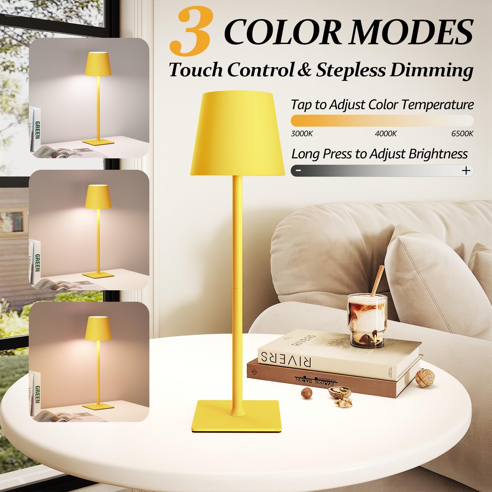 CHLORANTHUS Cordless Table Lamps 2 Pack - 5000mAh Rechargeable, Stepless Dimming, Yellow, Model: table-lamp -15