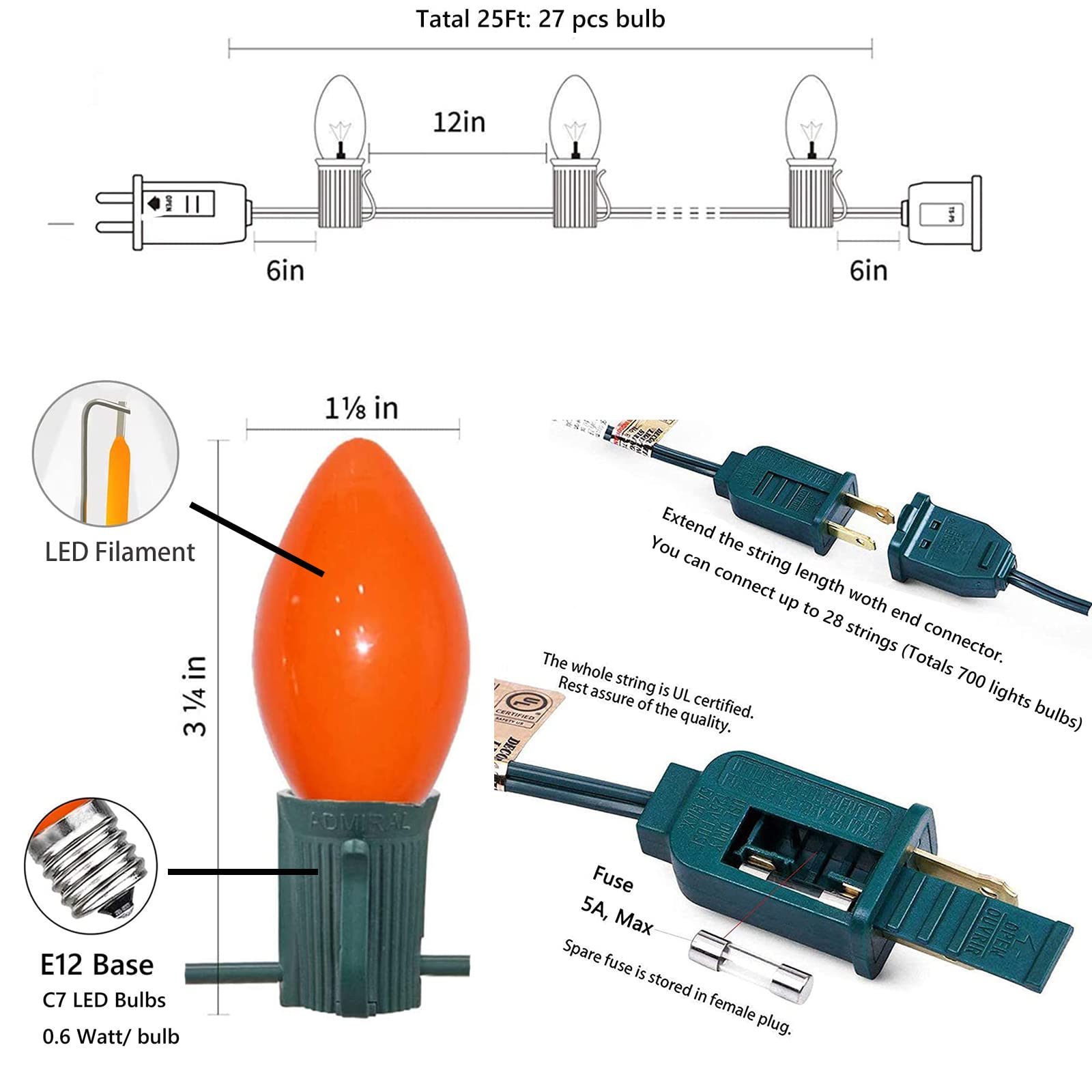 GOOTHY C7 LED Christmas Lights, 25Ft Waterproof String Lights, Multicolor, 27 Bulbs, Green Wire for Outdoor Garden Patio Decorations
