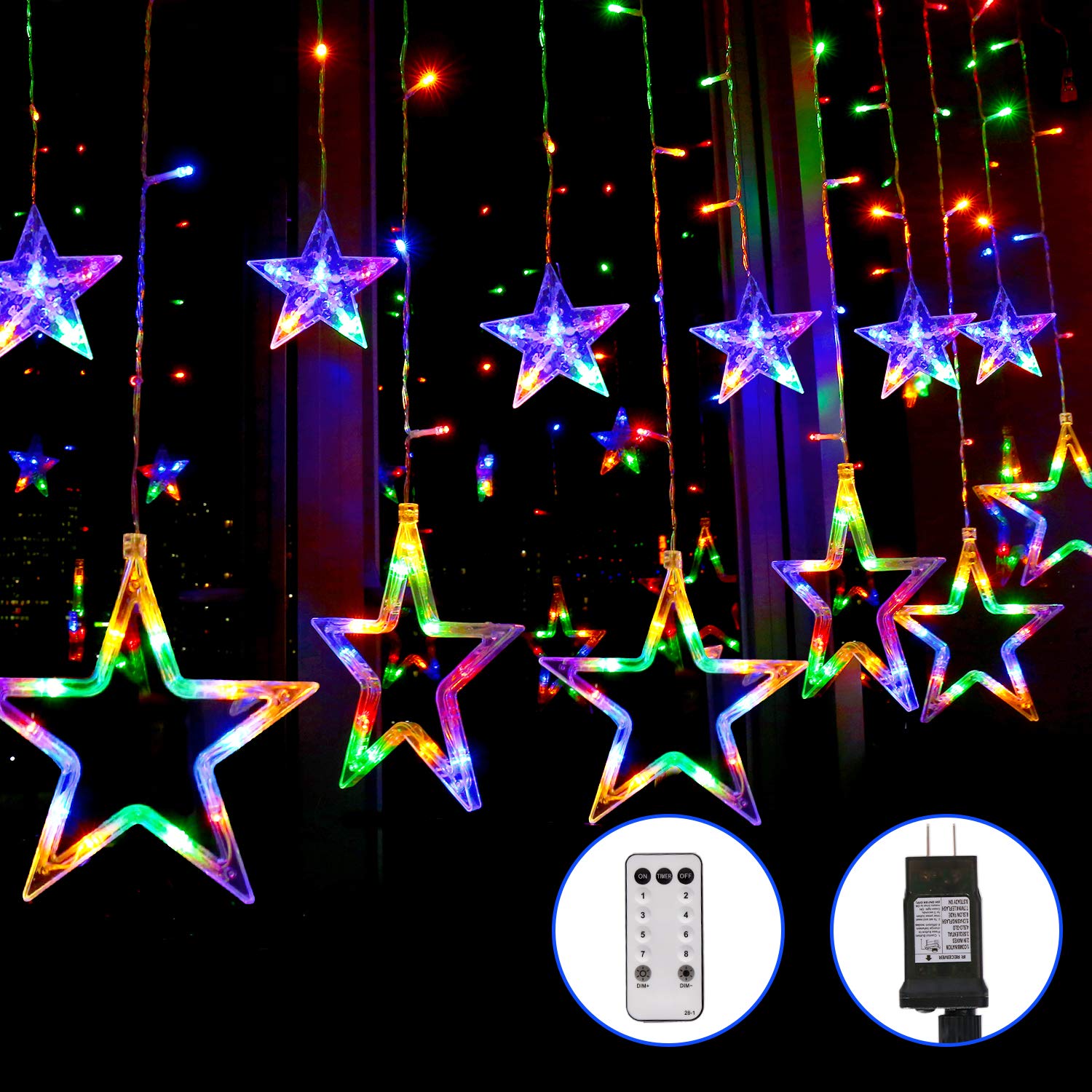 Blingstar Star Curtain Lights 138 Led 12 Star Multicolor Christmas Lights 8.2 Ft Connectable Window Lights With Remote Plug In Curtain String Lights For Christmas Ramadan Bedroom Indoor Outdoor Decor