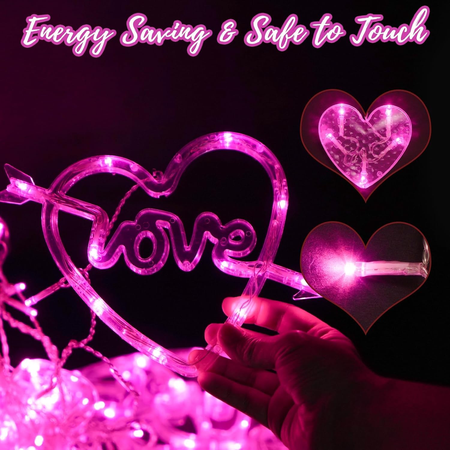 Valentines Day Decor, 138Led 12 Hearts Curtain Lights For Bedroom, Window Lights With Remote 8 Modes, Usb And Battery Powered Va