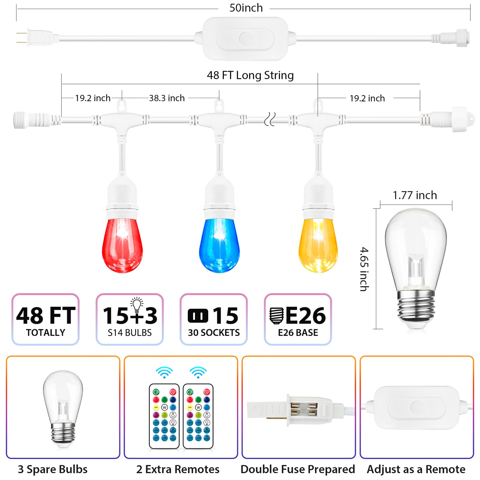 Mlambert 48FT Outdoor RGB Cafe String Lights, Dimmable with 15 Shatterproof Bulbs, White, Model GLS22C2RGBW-SC-15