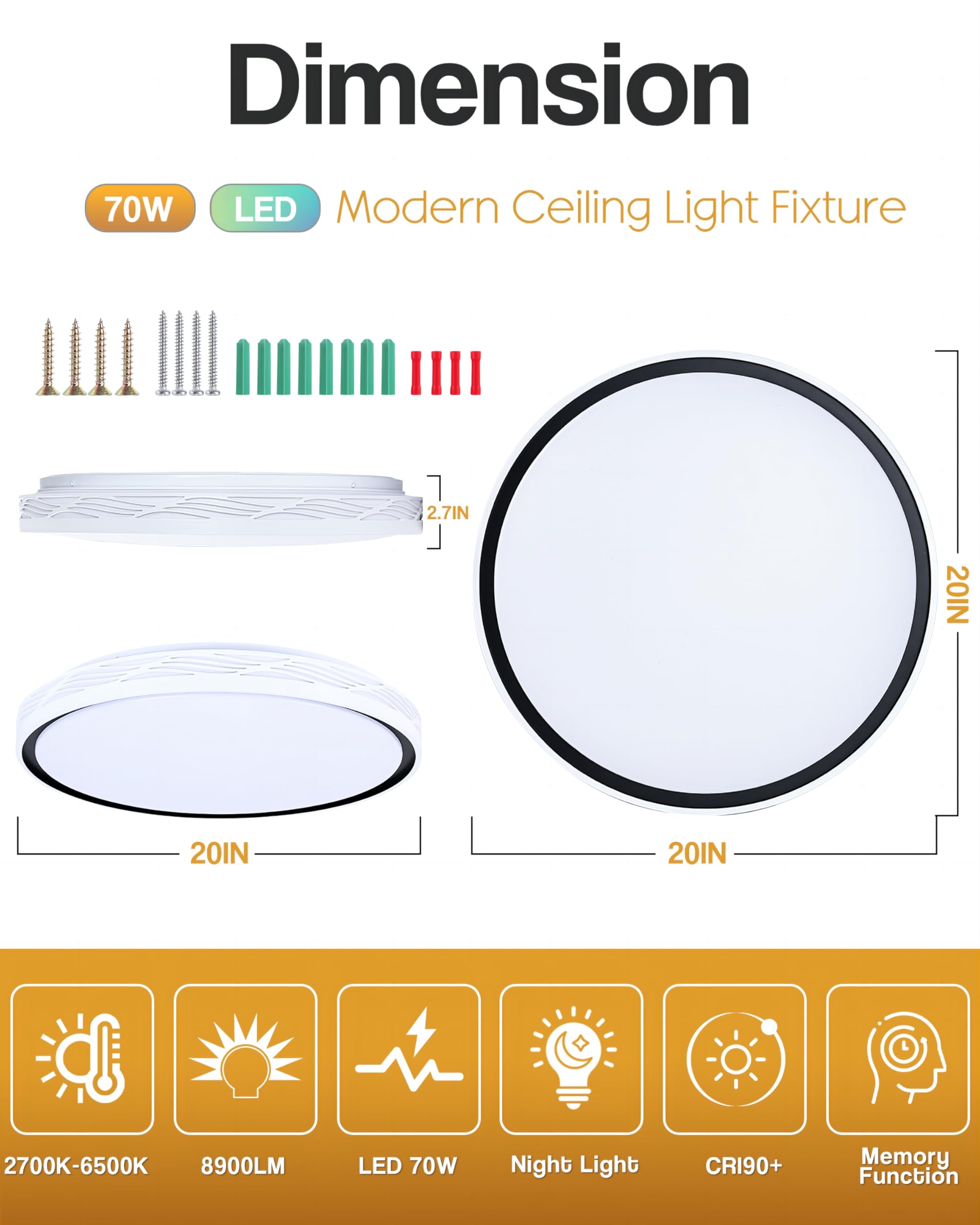 Fcpvhoy 20 Inch Large Led Flush Mount Ceiling Light, 2700K-6500K Dimmable Led Ceiling Light Fixture With Remote, 70W 8900Lm Roun