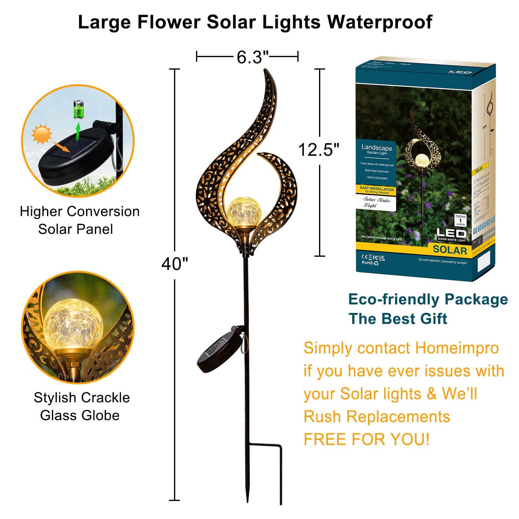 HOMEIMPRO Outdoor Solar Garden Lights, Waterproof Metal Flower,  le Glass Globe, Large Size, Bronze, Model B07L9TS514