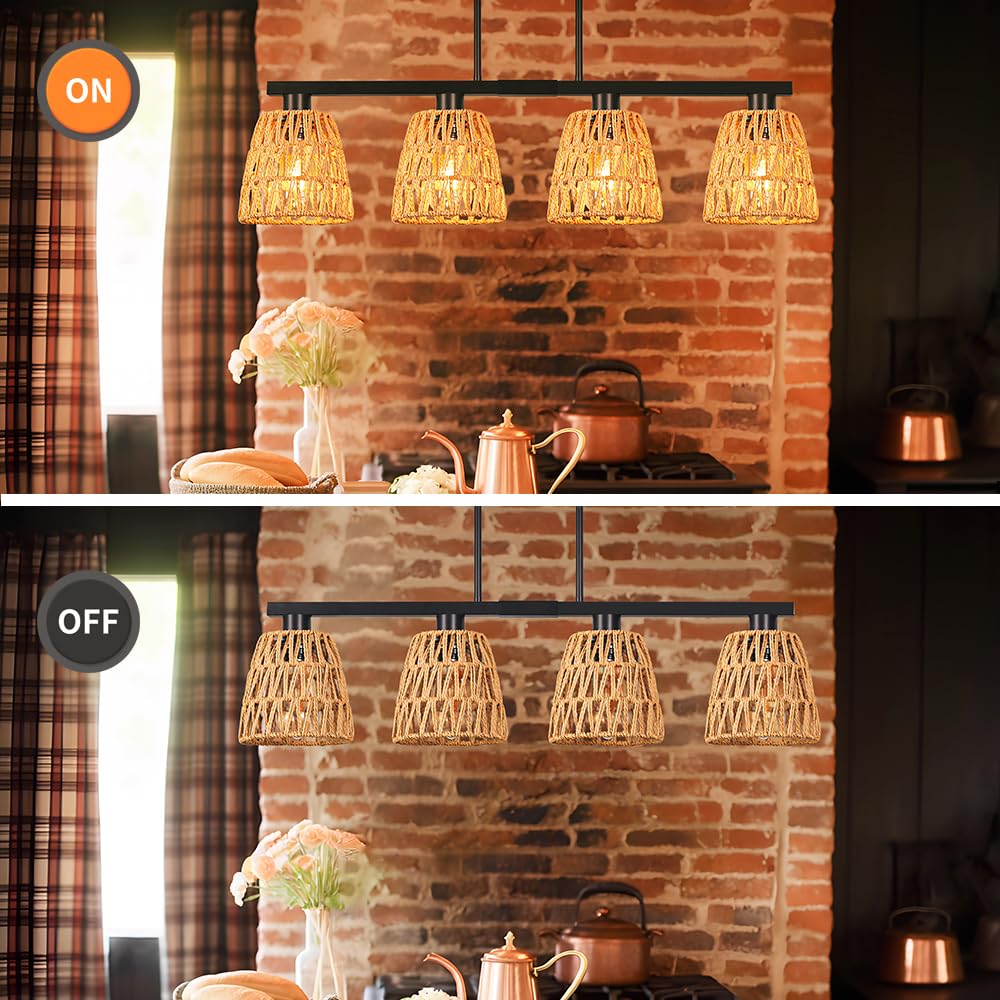 Black 4-Light Kitchen Island Lighting  Boho Rattan Dining Room Light Fixture  Farmhouse Island Light For Kitchen With Shade  Adjustable Linear Chandelier Pendant Lights Kitchen Island Over Bars  Table