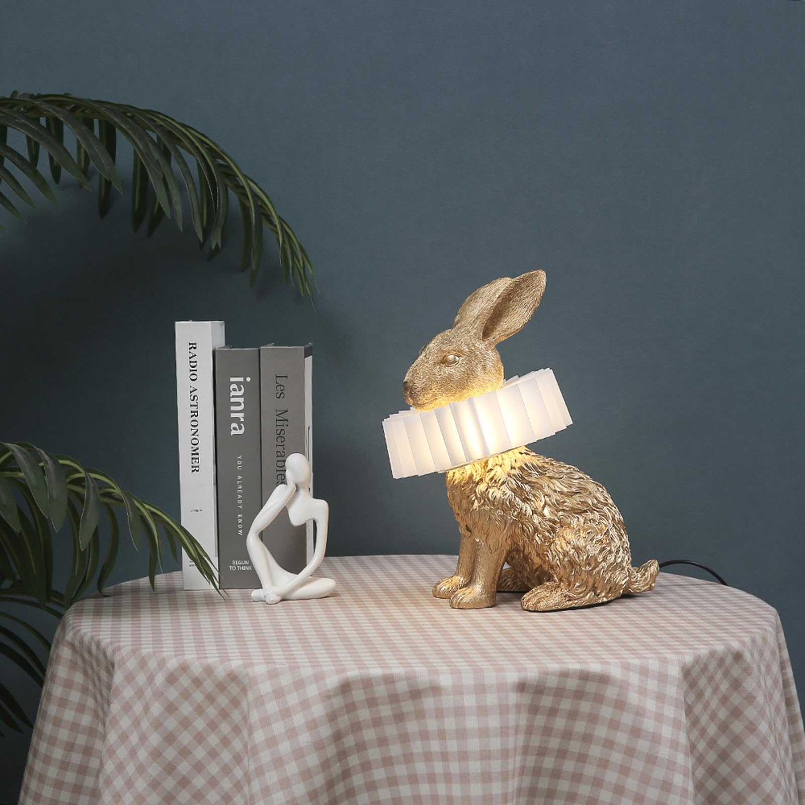 LAZHUG Scarf Rabbit Table Lamp, Resin Gold Bunny Lamp with White Pleated Shade, USB Plug, Energy-Efficient, Gold Sitting