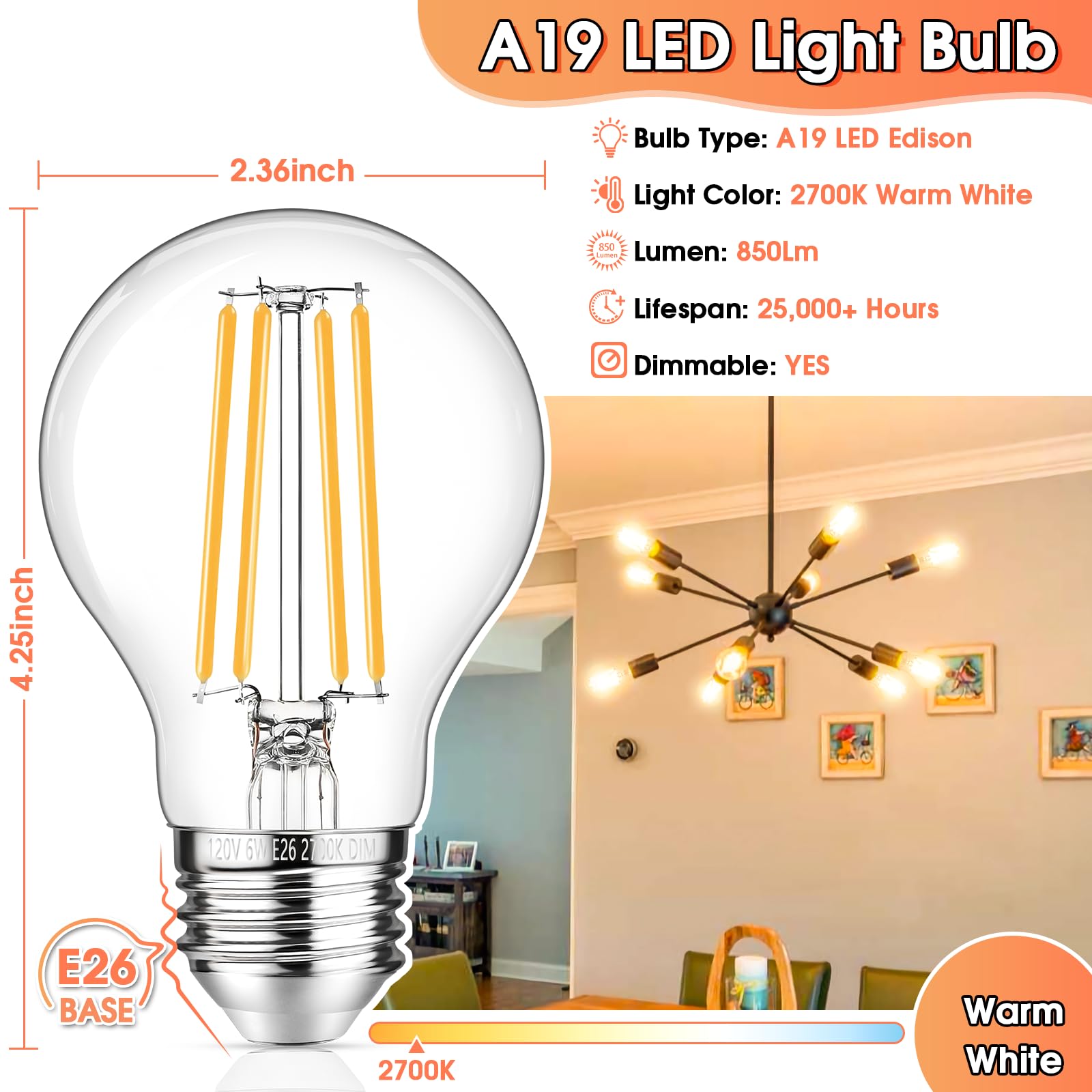 Ggoying 60W Equivalent E26 Led Bulb Dimmable, 850Lm Edison Light Bulbs Warm White 2700K Clear Glass, 6W A19 Filament Lighting Me