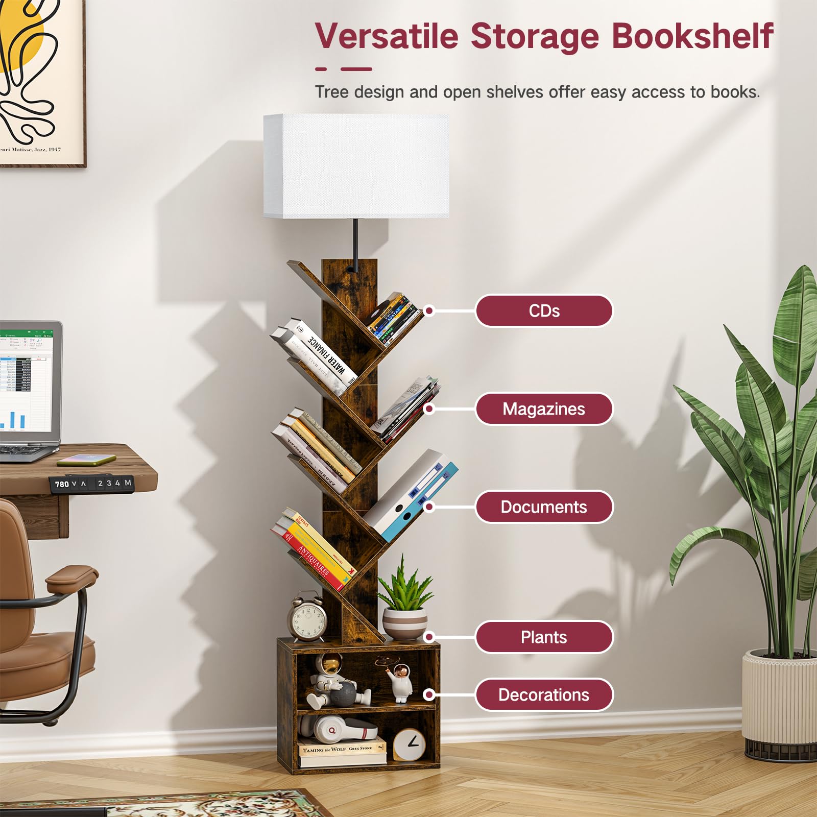 OUTONLIFE 9 Tier Tree Bookshelf with Light, Dimmable, 62.8"H x 14.6"L x 7.9"W, Rustic Brown, Model YME