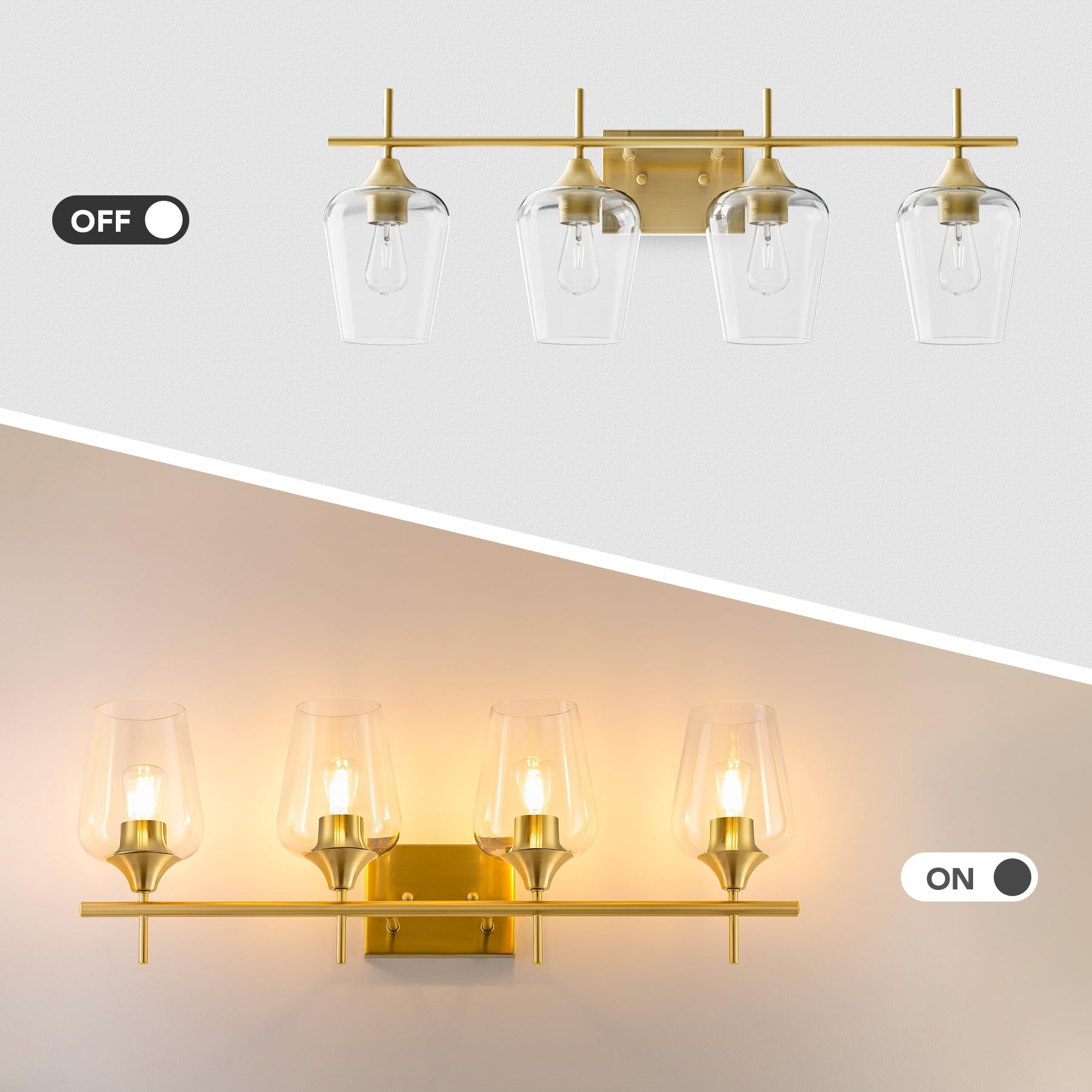 VONLUCE 4-Light Bathroom Vanity Light Fixture, Modern Gold Wall Lamp with Clear Glass for Mirror, Model HCF2804GD