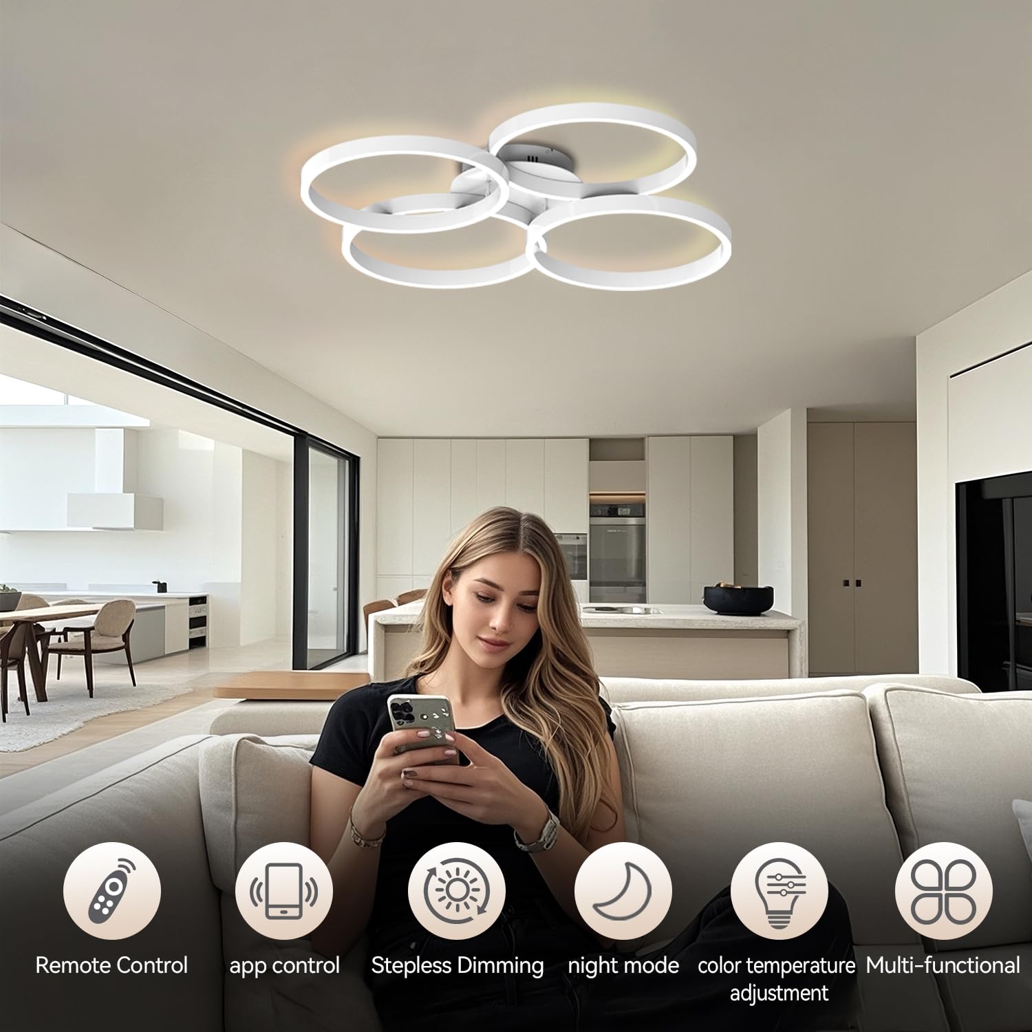 Lofikedi 30W Modern Led Ceiling Light, 27 Inch 4 Ring Design, 3500K - 6500K Dimmable, 1500Lm - 3000Lm, Flush Mount, For Kitchen,