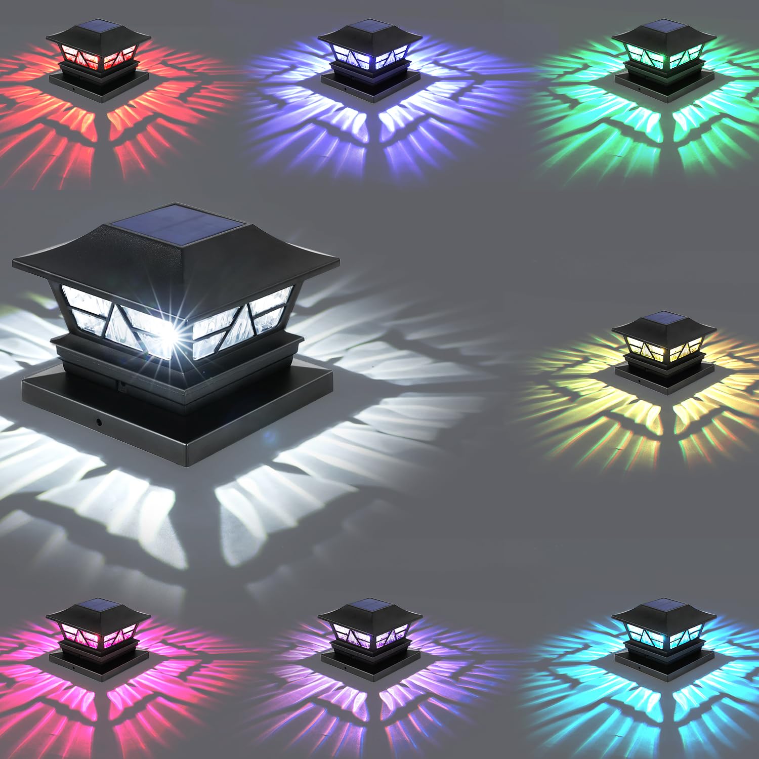 Viewsun Solar Post Lights Outdoor Waterproof Rgb Color Changing Modes Fence Post Cap Lights  Deck Post Lights Solar Powered For 4X4 5X5 6X6 Wooden Or Vinyl Yard Garden Patio Decor  Black(8 Pack)