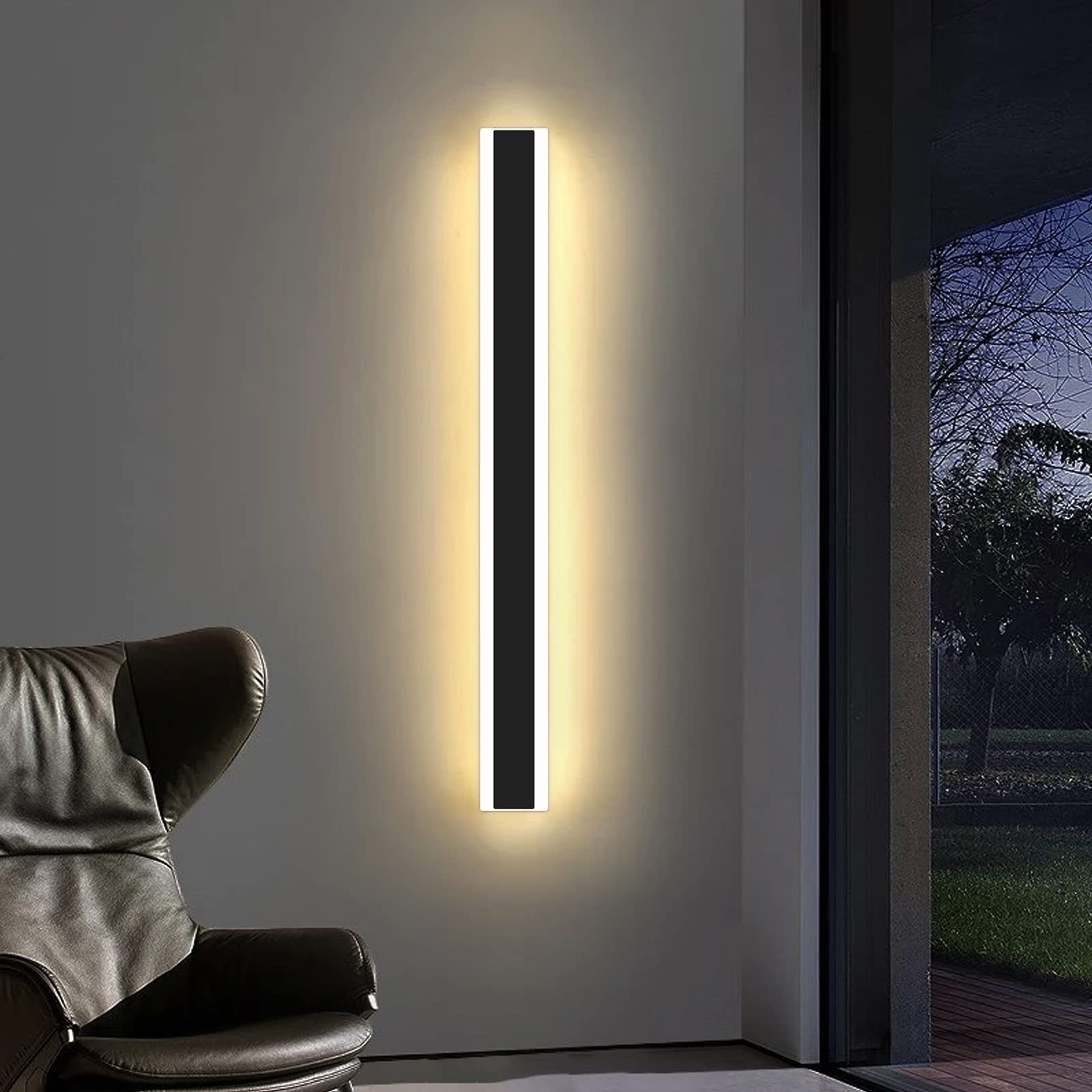 Mikeru Modern Outdoor Wall Light, 3000K-6000K Dimmable Outdoor Wall Sconce 47Inch Black Outdoor Exterior Lights With Remote Cont