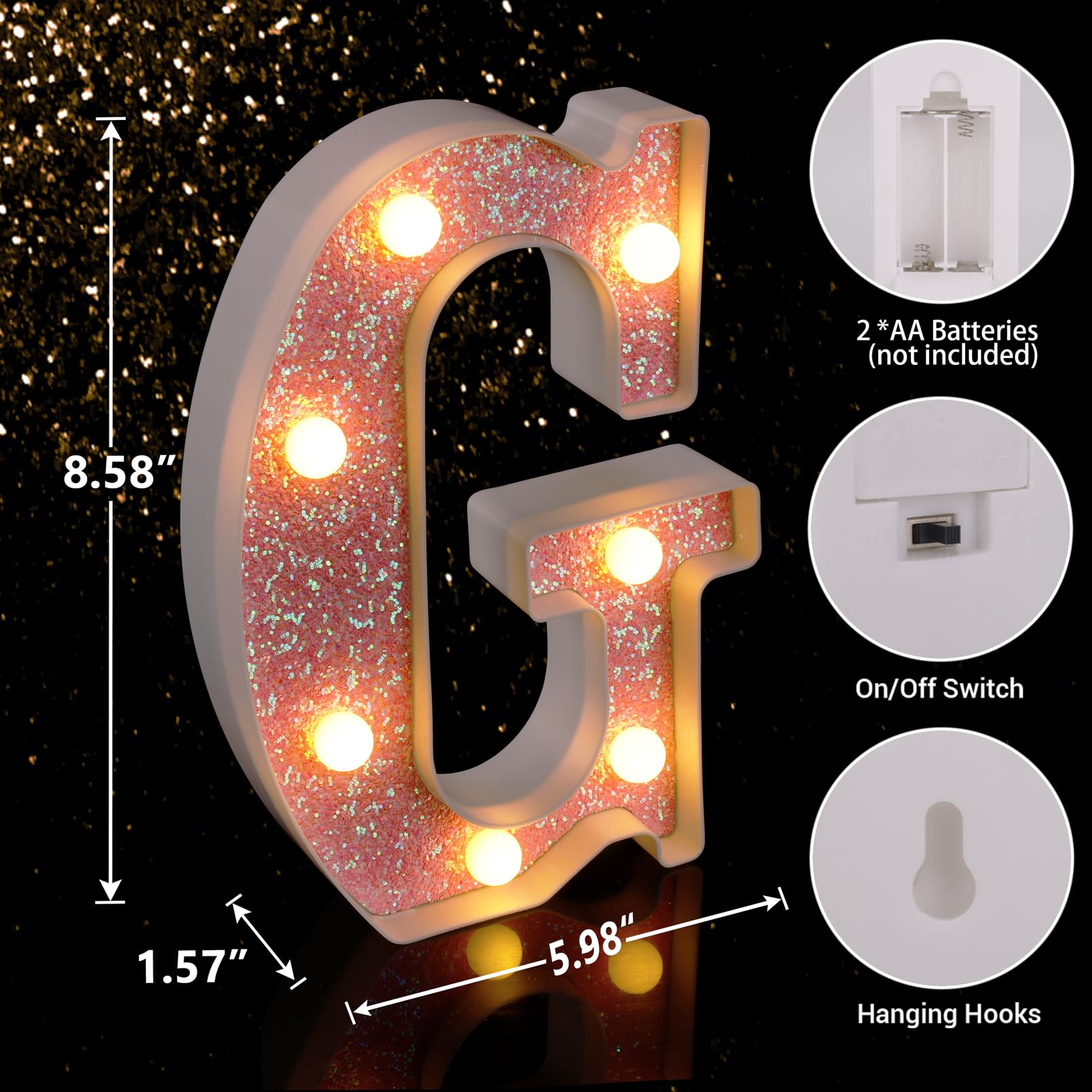 TRONSBOO LED Letter Lights - Pink Glitter Marquee Sign, Battery Powered, Model Pink-Light-G, Home Party Decoration, Gift for Girls