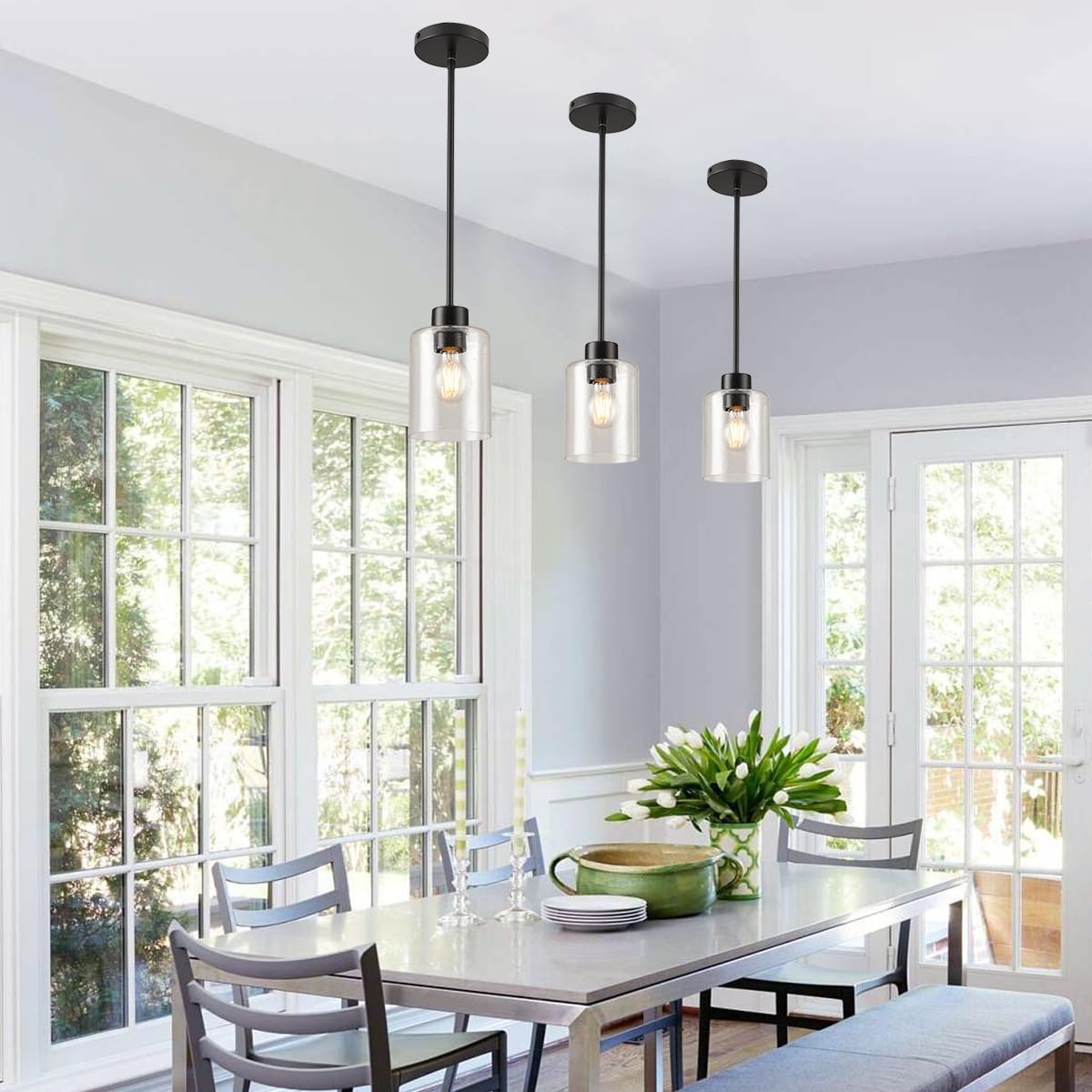 Klss Black Pendant Lights Kitchen Island - Seeded Glass Pendant Light Fixture Multiple Stems Rods (3 Pack With Rod Seeded Glass)