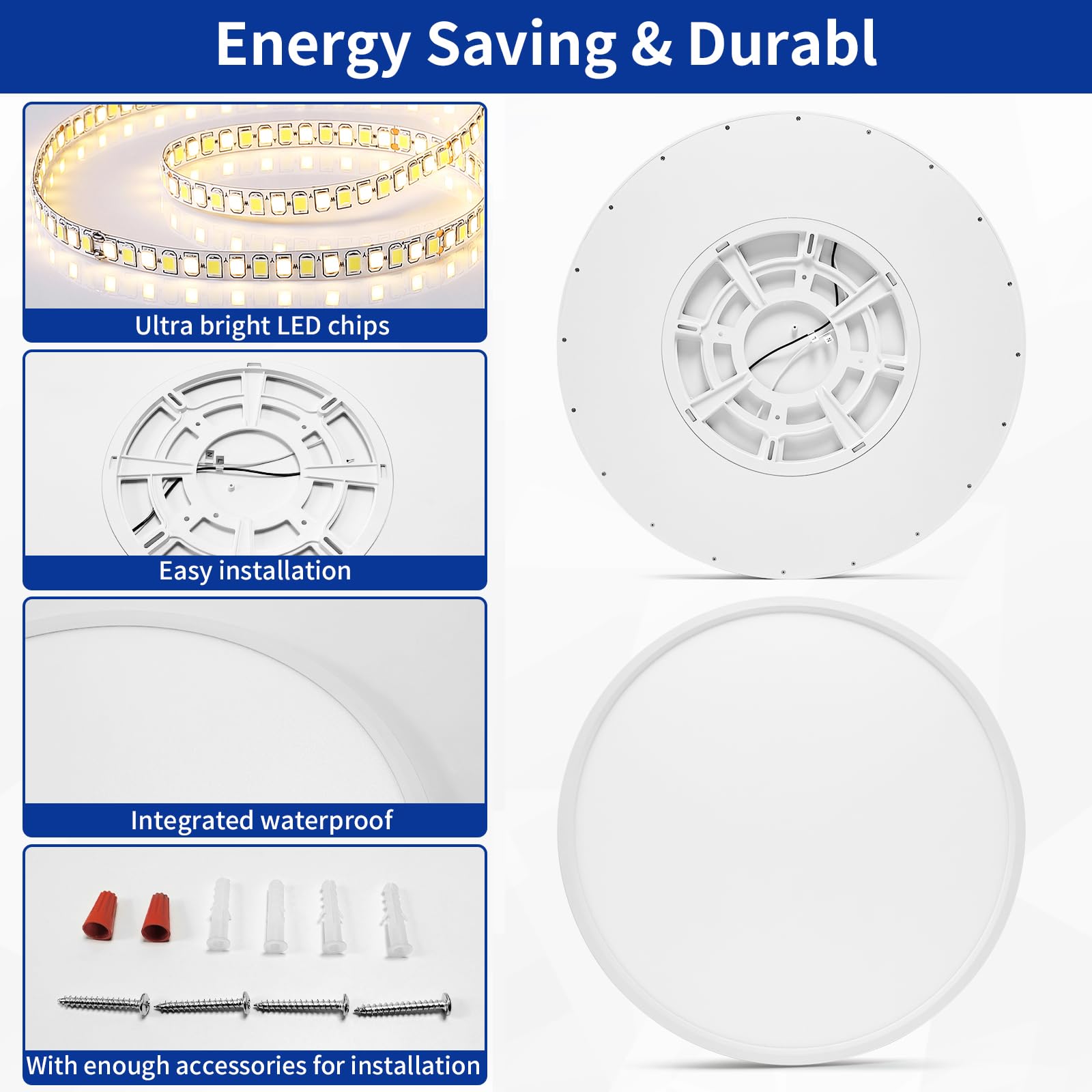 Glowall 20'' LED Ceiling Light Fixture, Dimmable, Ultra Thin, White, Model LT0026, Ideal for Bedroom, Living Room, Kitchen, Home Office