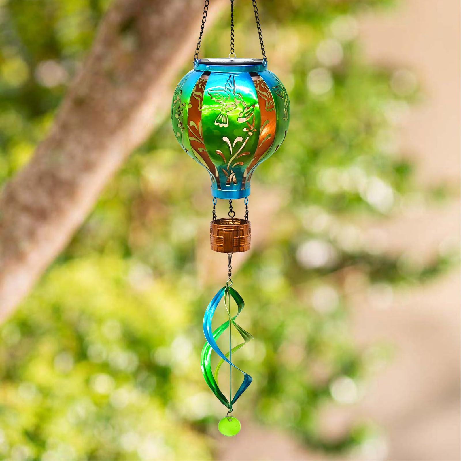 SUNNYPARK Green Hot Air Balloon Solar Lantern - Hummingbird Wind Spinner with Flickering Flame Light for Outdoor Patio Garden Decor