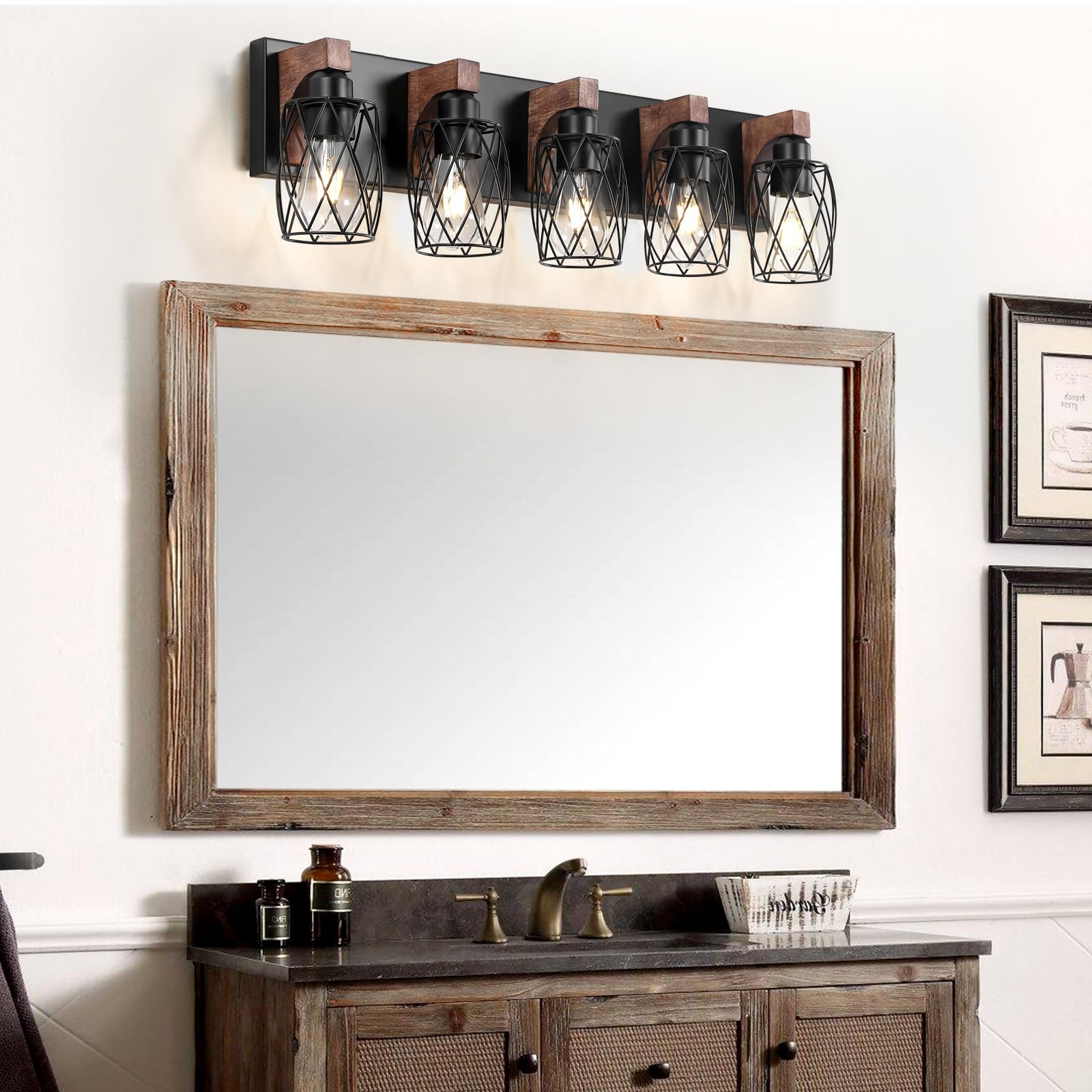 Dikaida 5-Light Vanity Light For Bathroom, Farmhouse Bathroom Vanity Light Over Mirror, Wood Wall Sconces Vanity Lighting With C