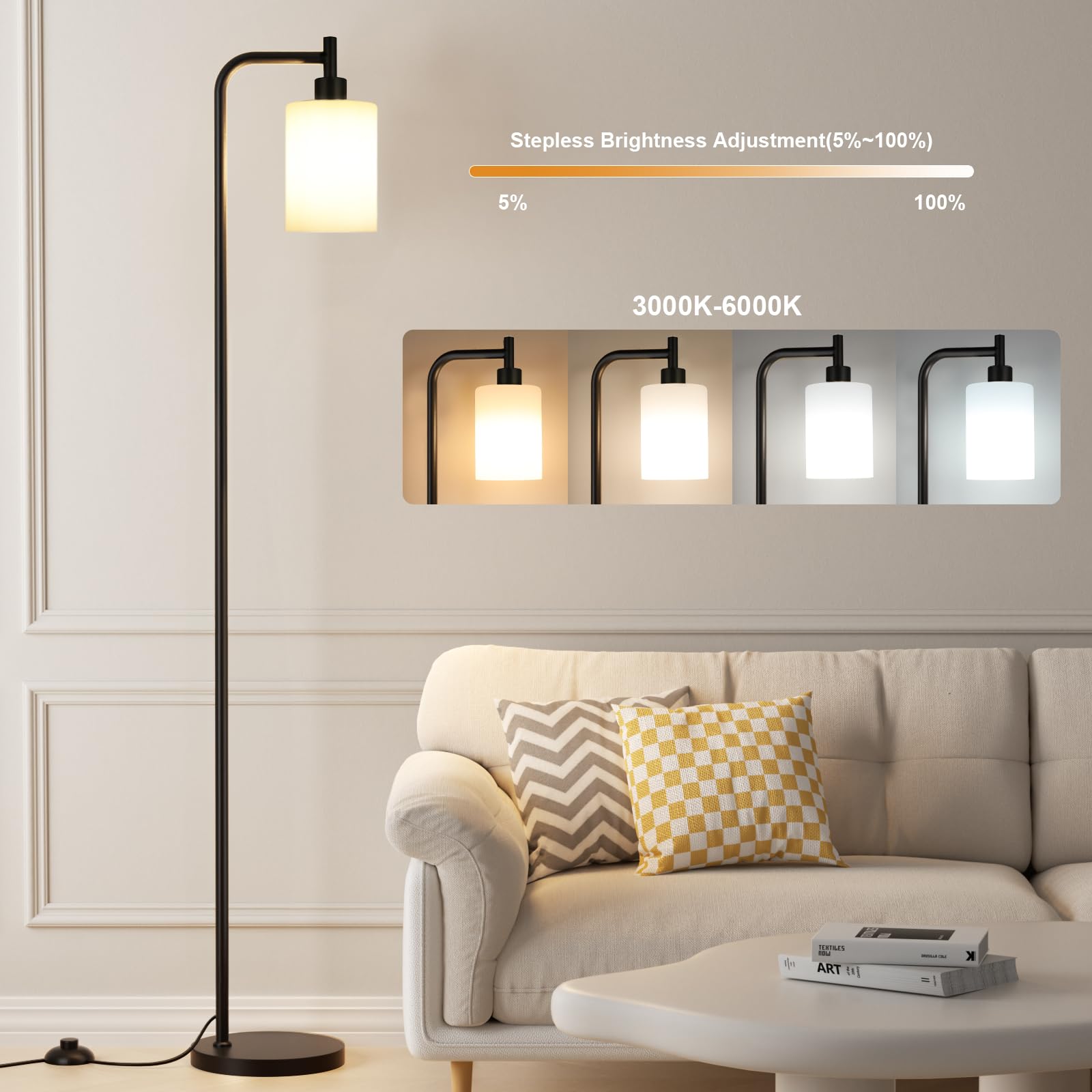 Ziisee Floor Lamps For Living Room - Standing Lamp With Remote Control Glass Shade, Modern Floor Lamp With Led Bulbs, Bright Industrial Floor Lamp For Bedroom, Black Tall Lamp For Office