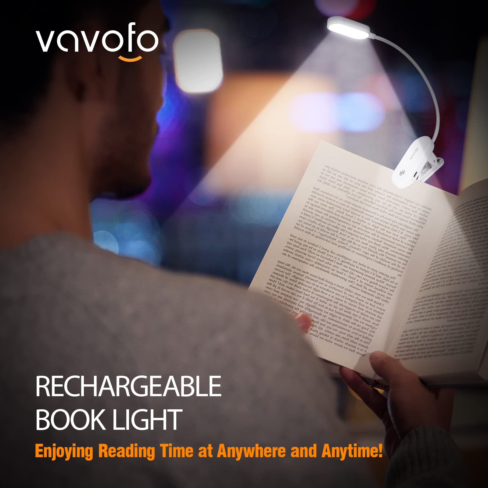 Vavofo Rechargeable Book Light, 14 Leds Eye Care Clip On Amber Reading Light For Bookworms Reading In Bed With 9 Colors 9 Bright