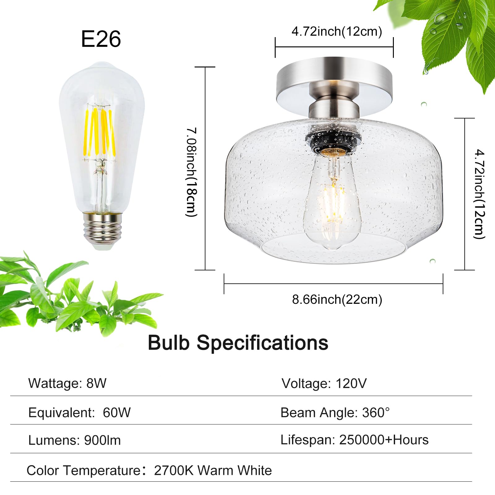 Tbaoinla Elegant Semi Flush Mount Ceiling Light With Vintage Flavor Clear Seeded Glass Brushed Nickel Metal Base Included 900 Lumens Led Bulb Suitable For Hallway Kitchen Bathroom Bedroom Entryway…