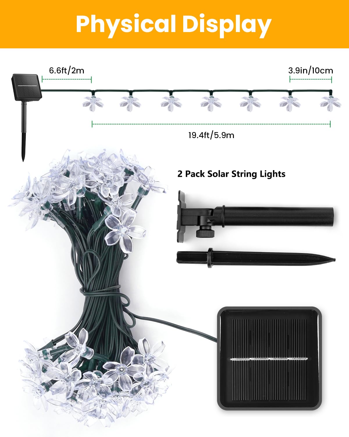Brightown Solar String Lights, 120 LED, Waterproof, 52FT, 2 Pack, Pure White for Garden, Patio, Wedding Decor