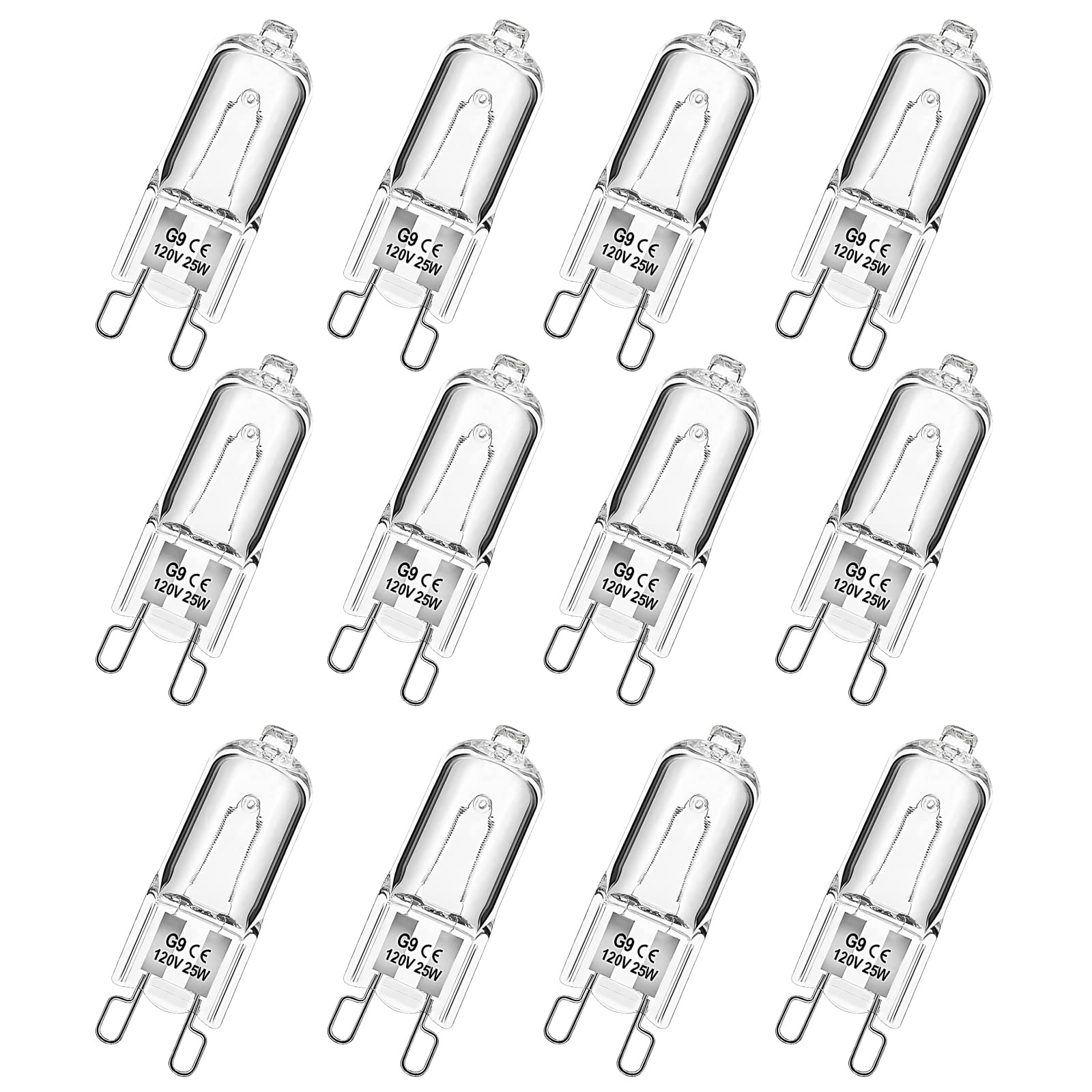 Weshlmpo G9 Bulb 12 Pack, 120V 25W Dimmable G9 Halogen Light Bulbs 2 Pin Base Jcd Type, For Range Hood Light, Chandeliers, Penda