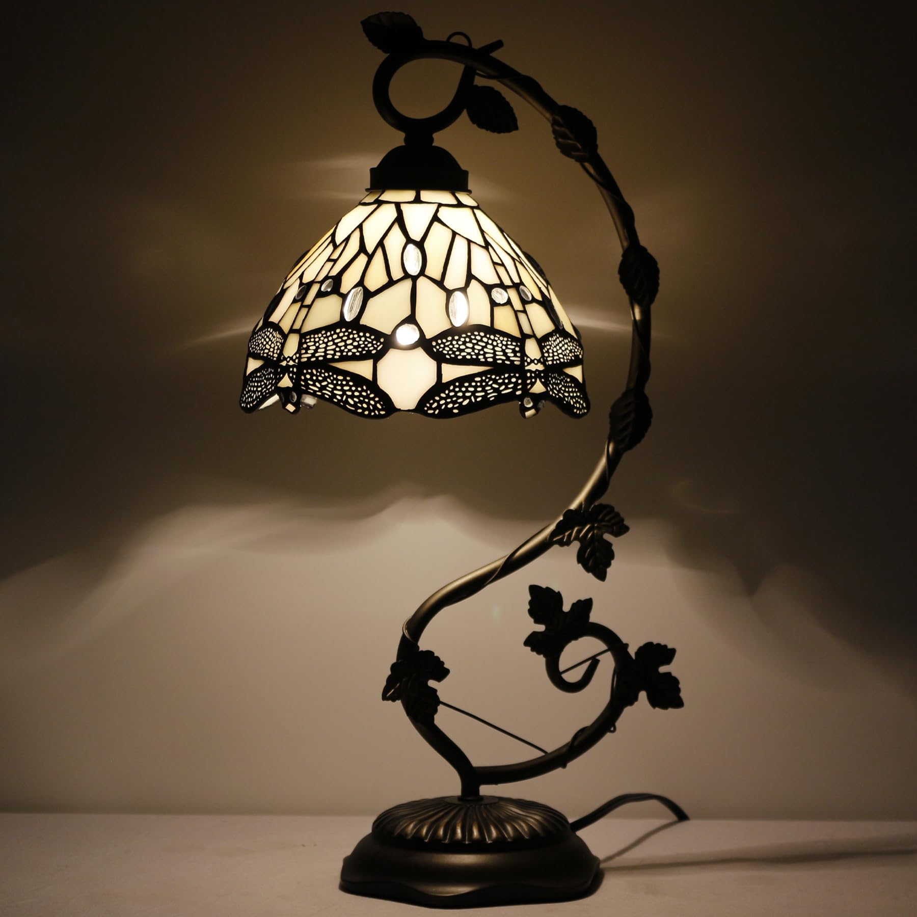 WERFACTORY Tiffany Lamp, Amber Stained Glass, Metal Leaf Base, 8X10X21 Inches, S139 Series