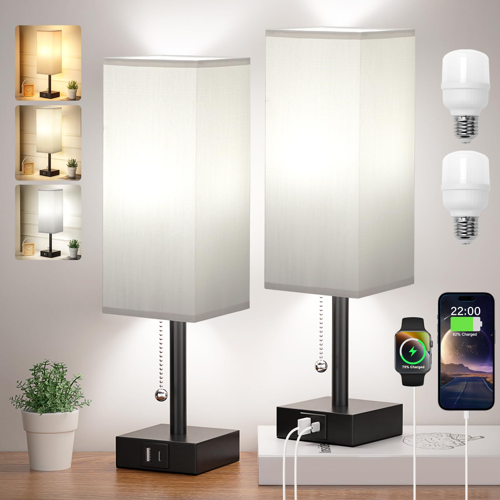 Bedside Table Lamps Set of 2 - Grey Bedroom Lamps with 3 Color Temperatures (3000K/5000K/4000K), Two Square Nightstand Lamps wit