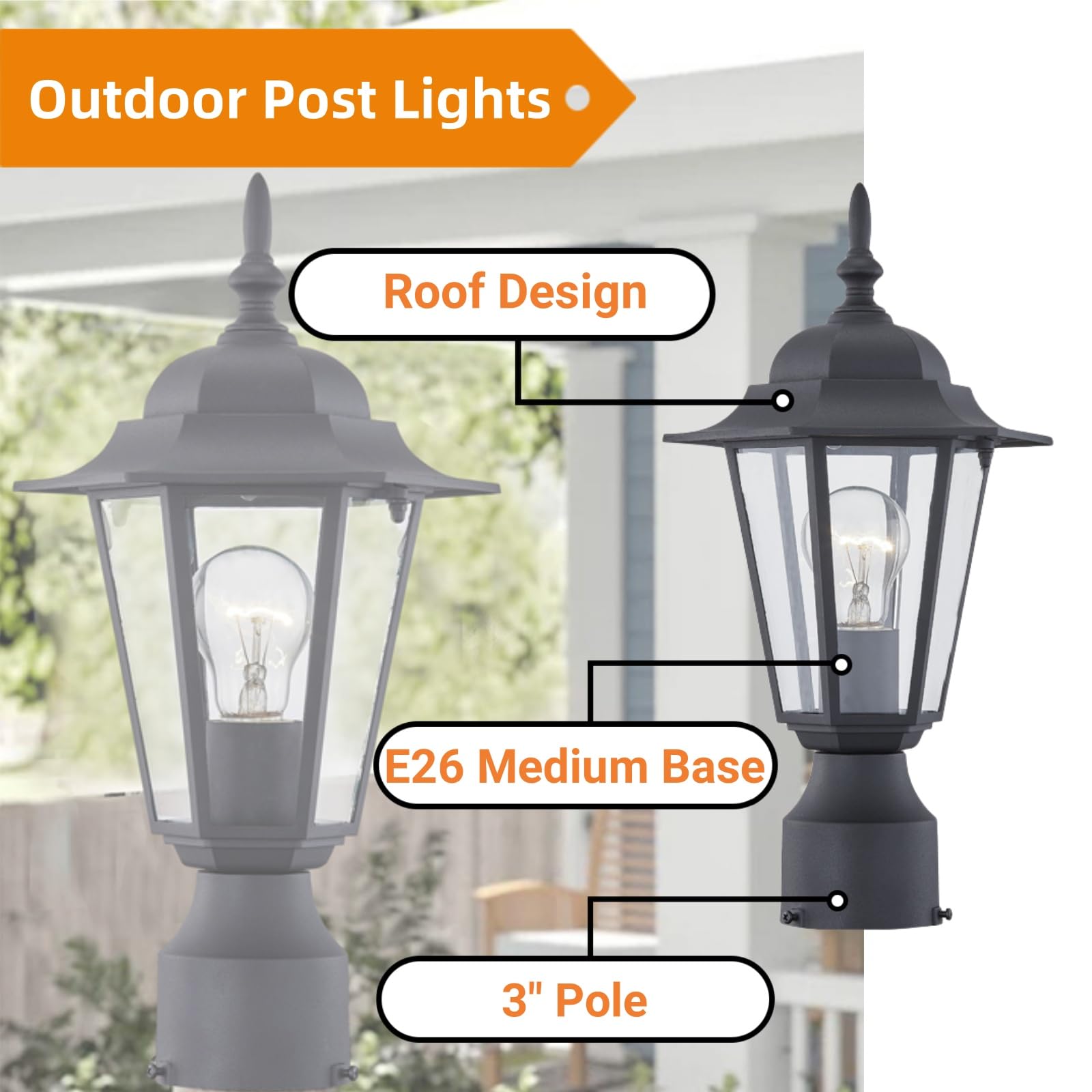 Wisbeam 2 Packs Outdoor Post Light, Pole Lantern, E26 Base 60W Max, Aluminum Housing Plus Glass, Wet Location Rated, Etl Qualifi