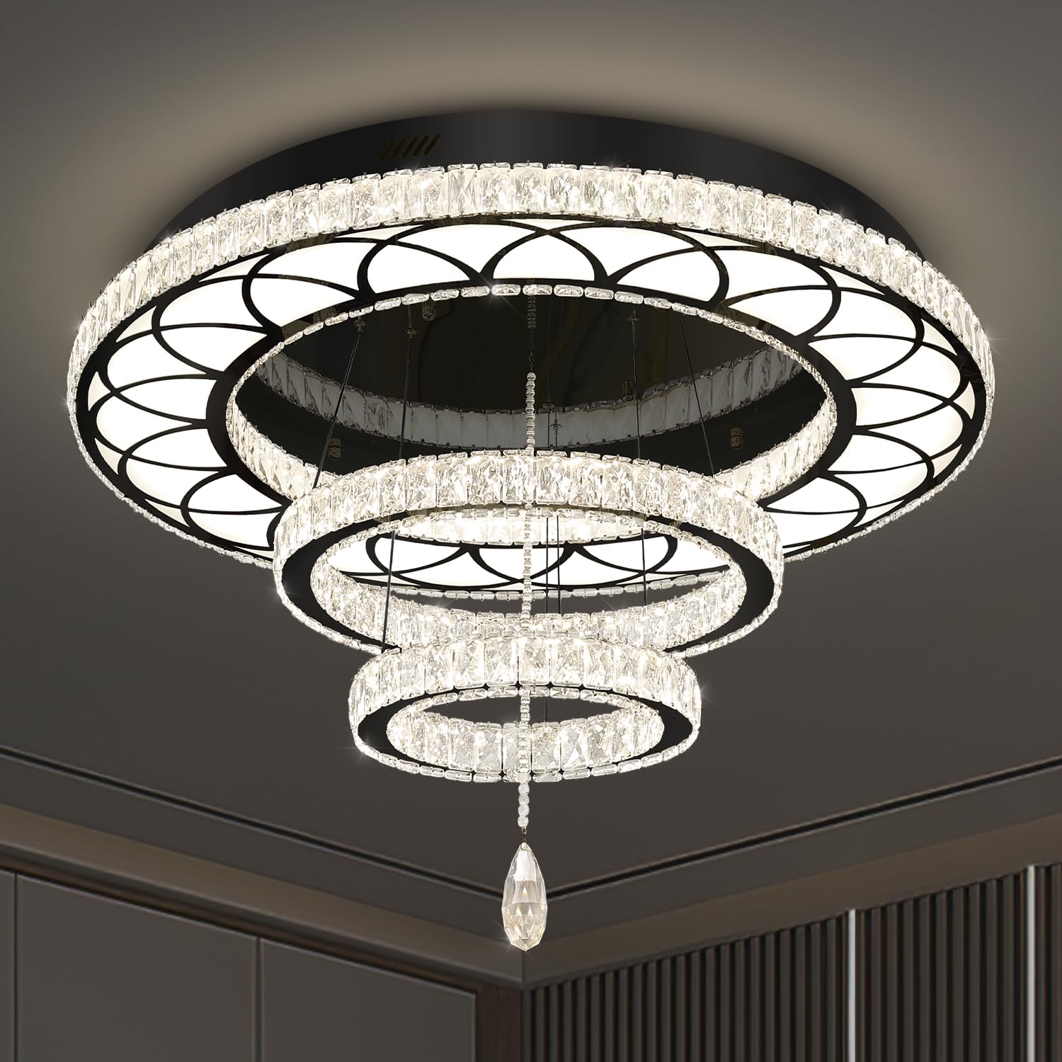 Flashing God Dia 32'' Modern Crystal Chandelier Crystal Black Ceiling Light Fixtures LED Flush Mount Ceiling Light for Living Ro