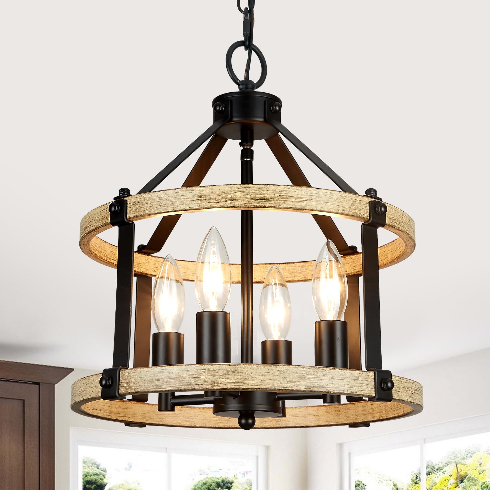 12.5'' Farmhouse Chandelier Light Fixtures, 4 Light Rustic Drum Chandeliers, Black+Wood-Look Finish Metal Industrial Chandelier 