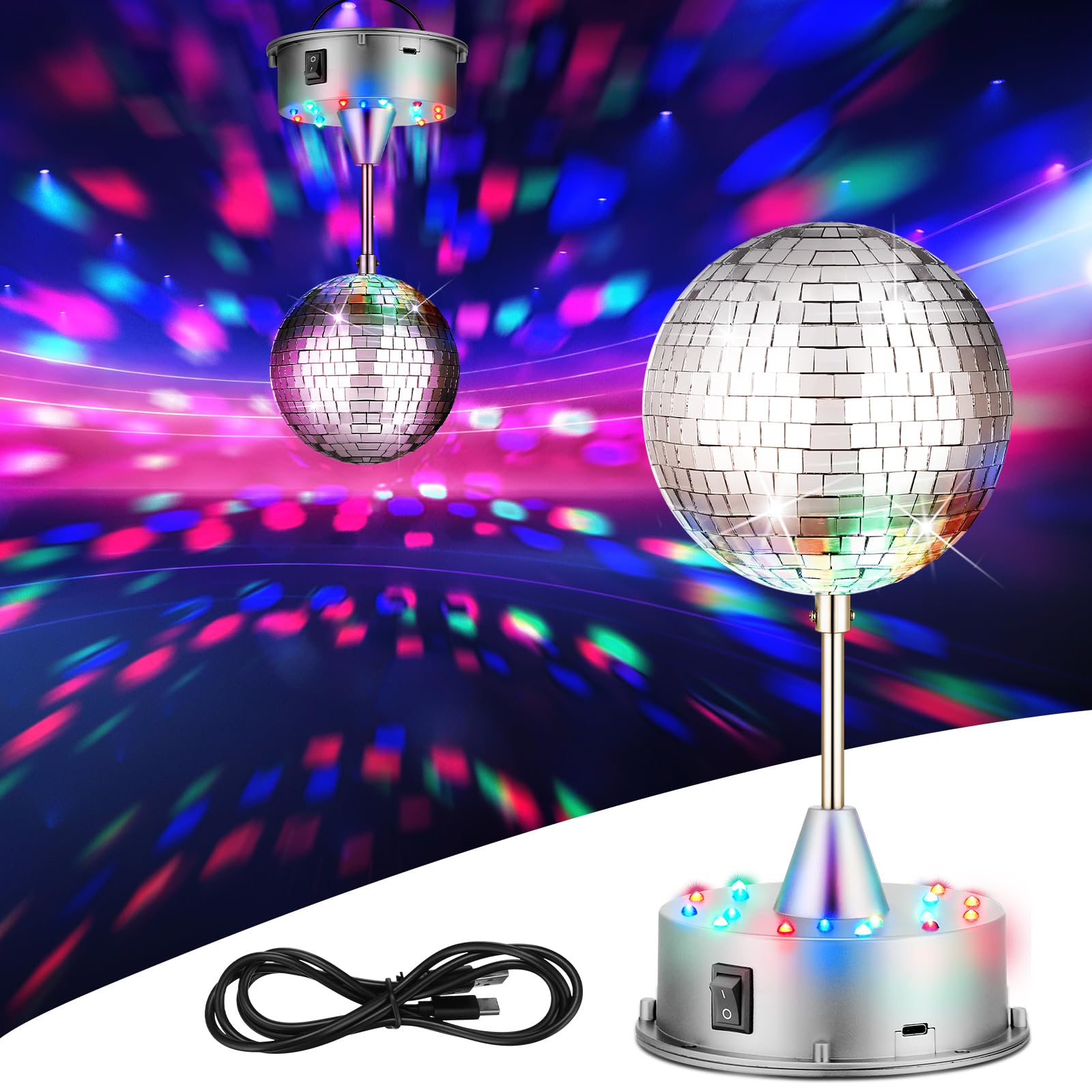 Mirror Disco Ball with Light Motor 5 Hanging Rotating Disco Ball Party Decor 5rpm with 3 Light Colors and 18 LED Hanging and Tab