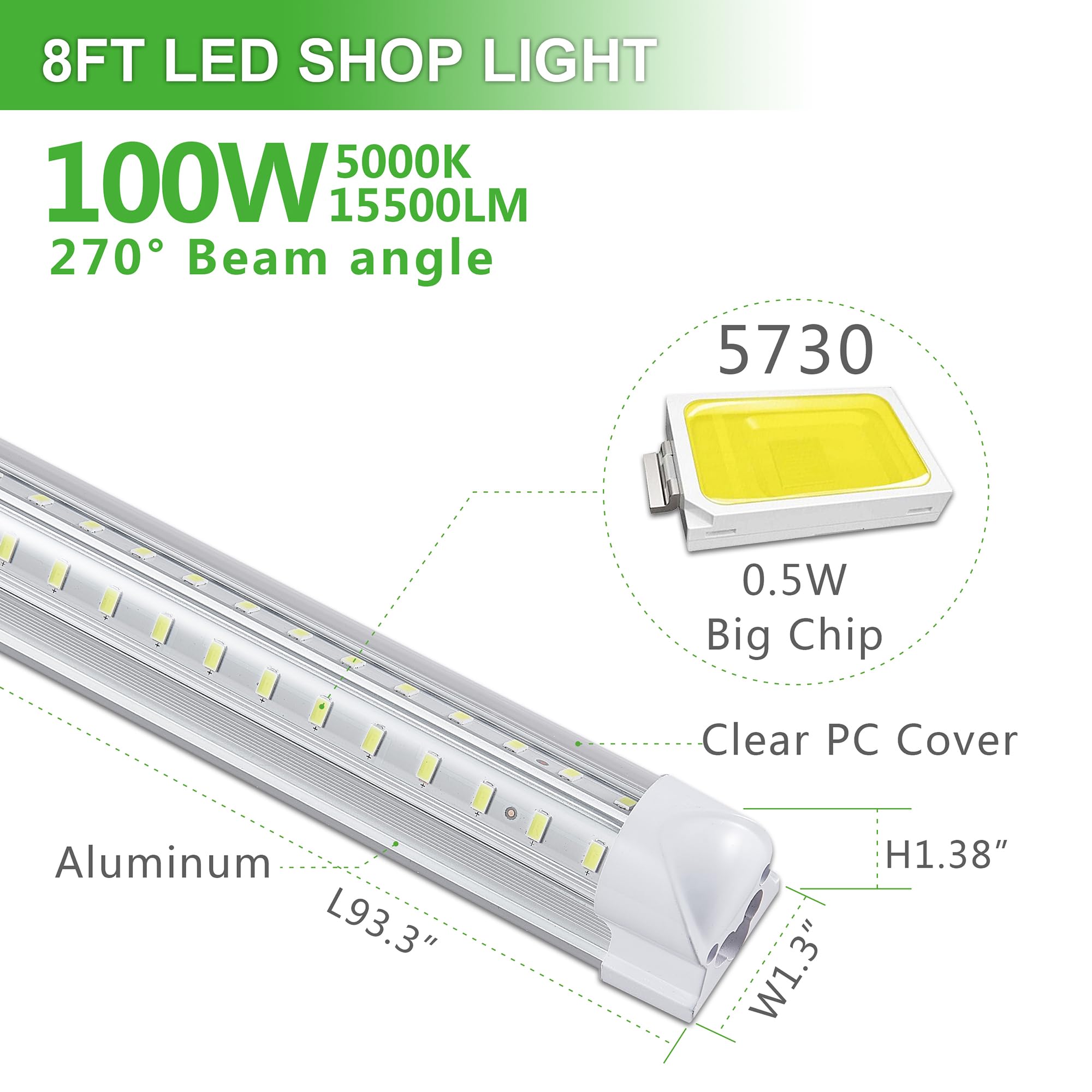 Skymoatled 8Pack 8Ft Led Shop Light Garage Light,100W 5000K Daylight Color 15500Lm Super Bright,Hanging Or Surface Mount,Plug An