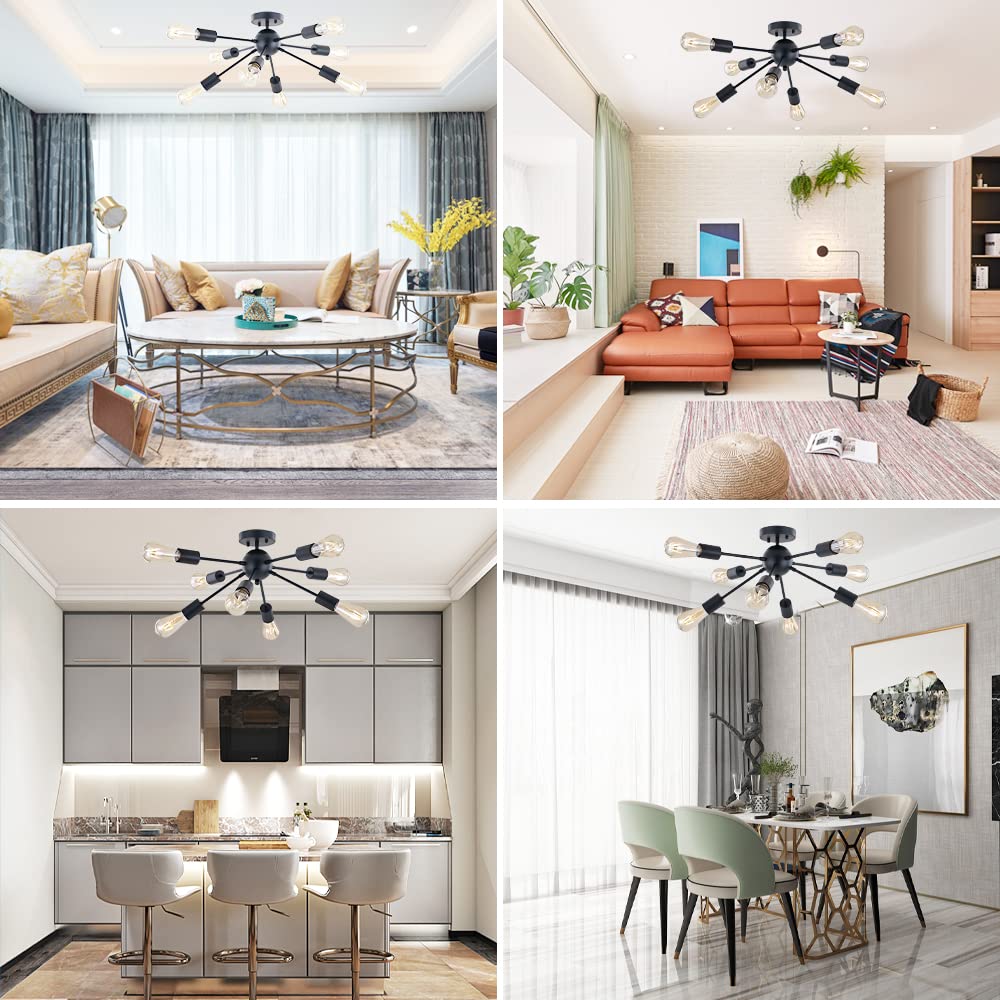 BONLICHT 8 Light Sputnik Chandelier Black Metal Semi Flush Mount Ceiling Light for Bedroom Dining Room Kitchen Foyer Model BONLICHT-8SFDMB