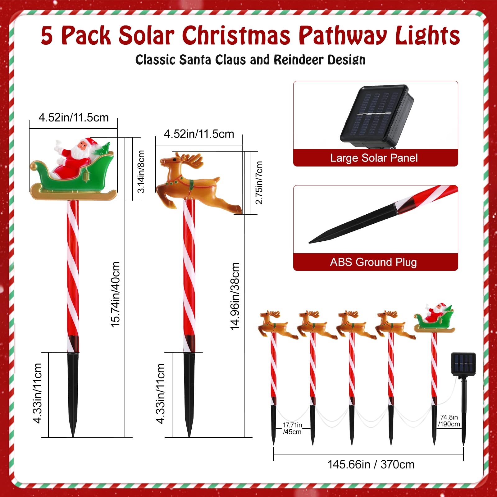 Lewondr Solar Christmas Pathway Lights, 5 Pack, Warm Light, Santa Claus & Reindeer, Waterproof Garden Decor, Model HD250058