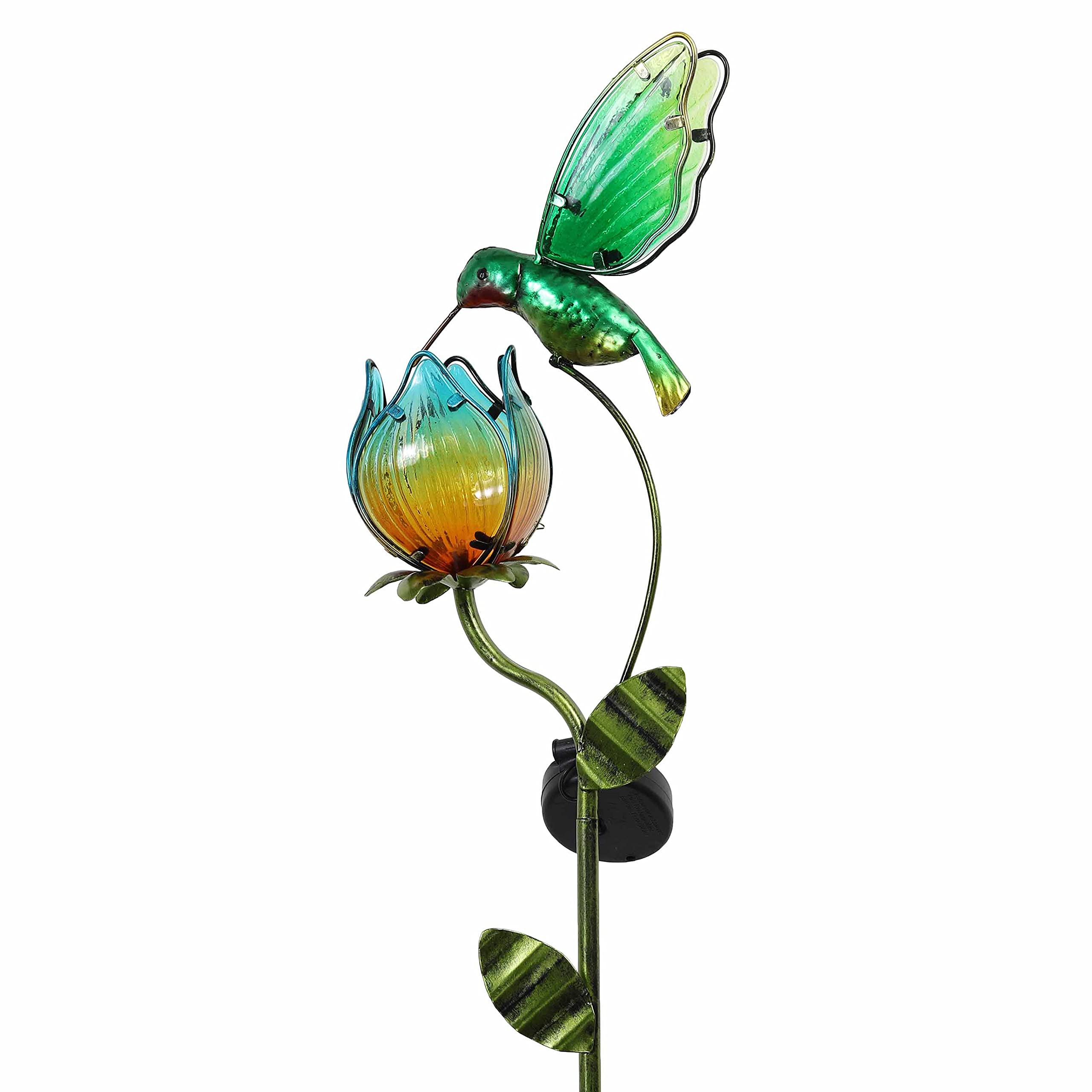 Teresa'S Collections Solar Glass Flower Bird Light, 41'' Metal Tulip & Hummingbird Garden Decor