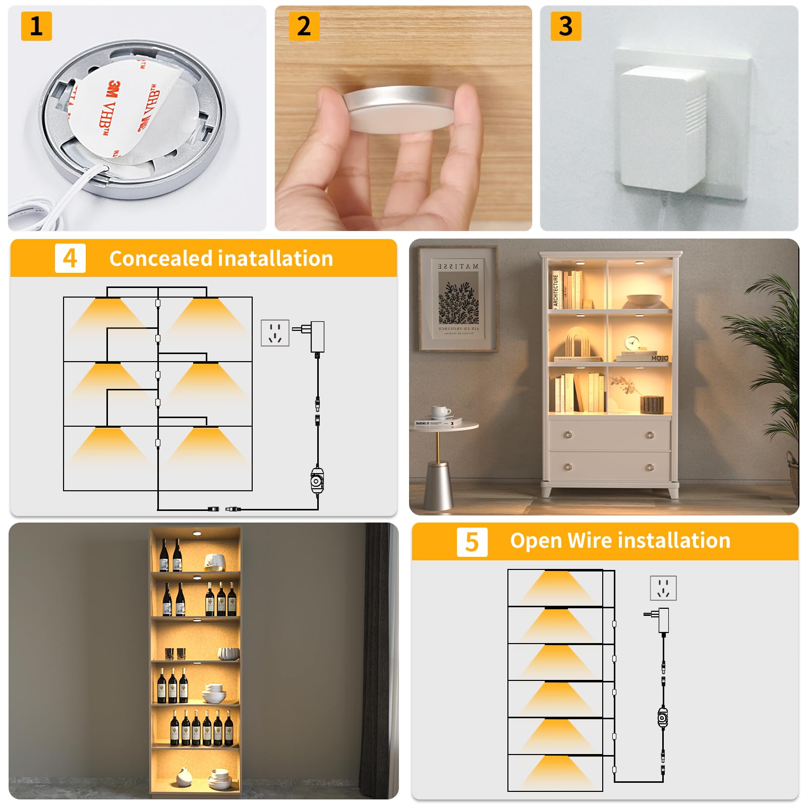 Wobane Led Puck Lights Plug In  Under Cabinet Lighting With Switch  Dimmable Under Counter Lighting For Shelf  Closet  Cupboard  Bookcase  Display  Super Bright  2700K Warm White  6 Pack