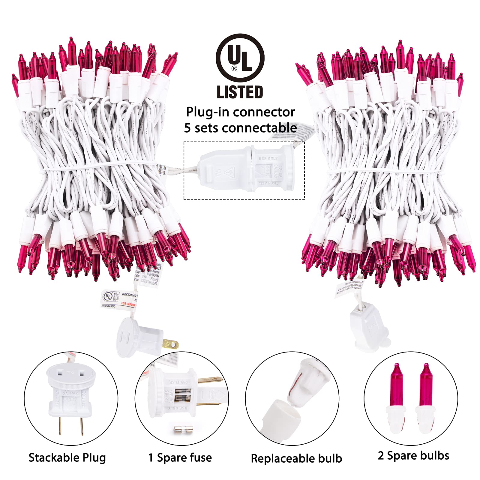 Christmas Pink Mini String Lights - 100 Count 25 Feet Detachable Incandescent Bulb Waterproof Fairy Lights Plug in for Indoor Ou