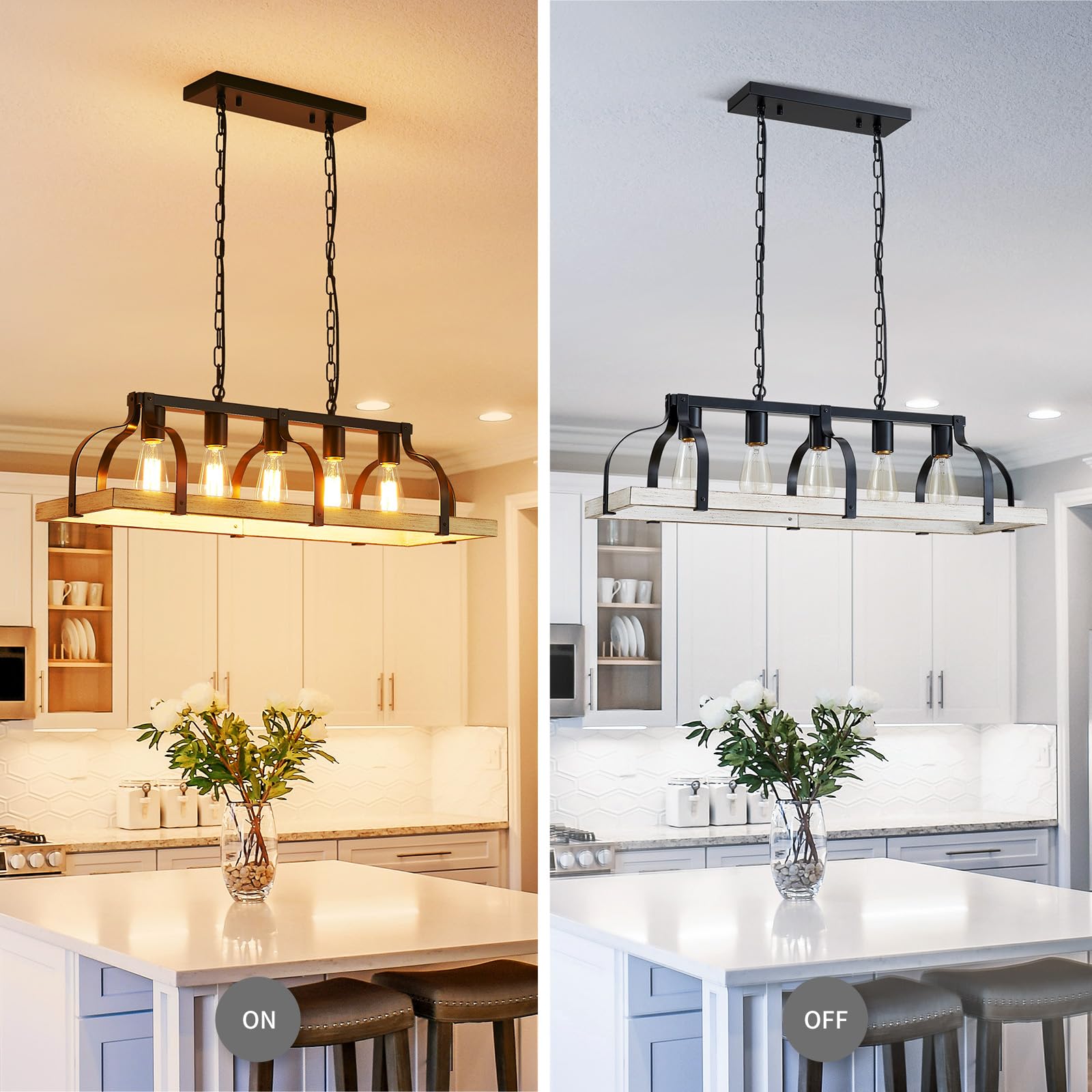 WUZUPS 5-Light Chandelier, Rustic Farmhouse Pendant, 31.5"L x 10"W, Antique Wood Grain & Black, Model CAHD90000SP-BW